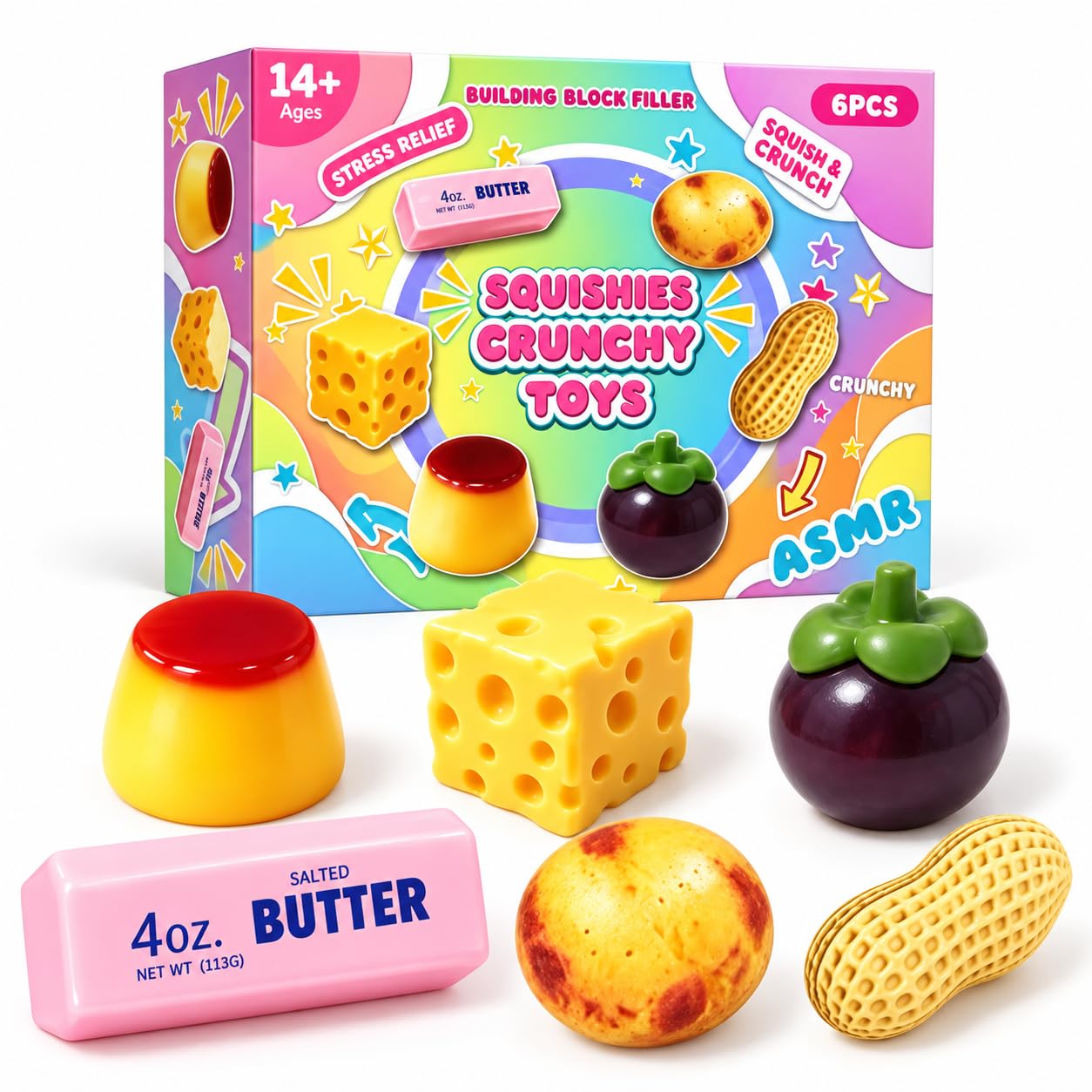 6 PCS Crunchy Squishy Fun Box, Asmr Filled Crunchy Squeeze Stress Ball, Slow Rising Realistic Cute Peanut Butter Cheese Pudding Cream Crunchy Squeeze, Party Favor Gifts for Adults