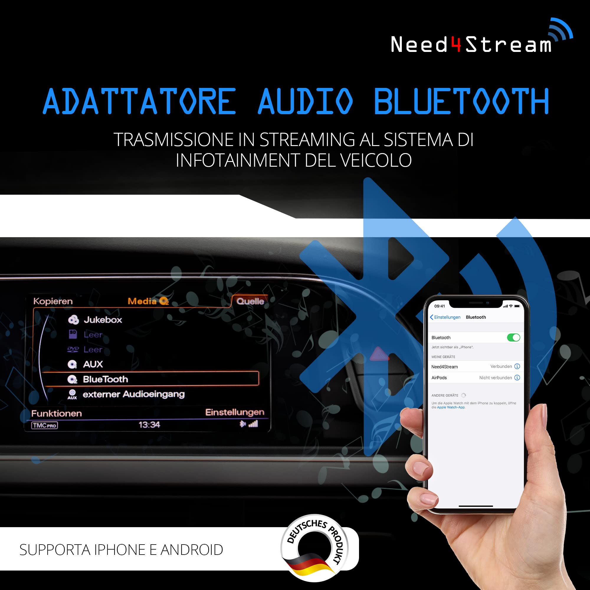 Interfaccia audio Bluetooth con display titolo, N4S73615 A2DP, compatibile con Audi MMI 3G, A4 8K, A5 8T, A6 4F, Q5 8R, Q7 4L, compatibile con iPhone, Android e servizi di streaming