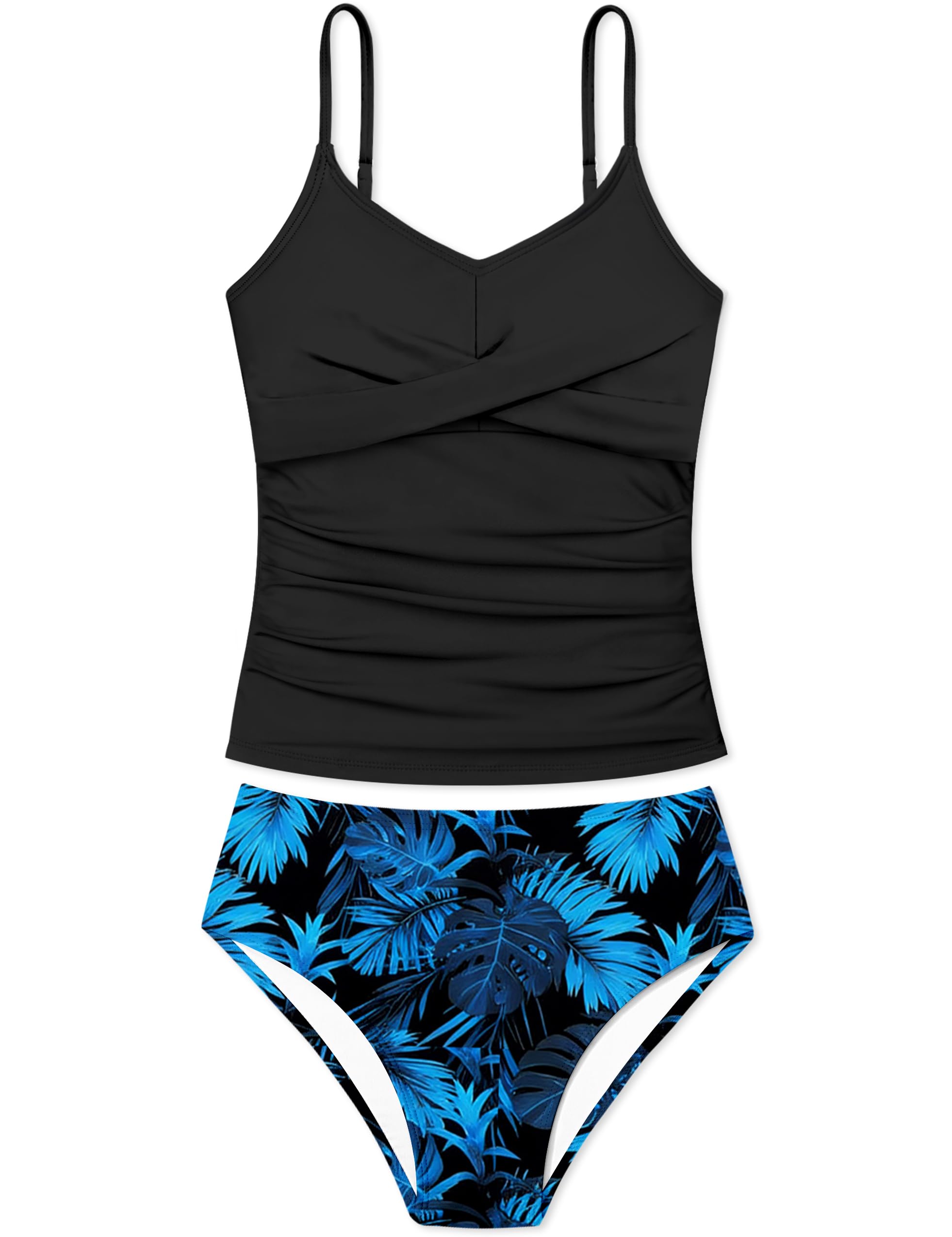 Girls Swimsuit 2 Piece Bathing Suit Criss Cross Ruched Girl Tankini Sets Printed Girls' Swimwear for 9-18 Years