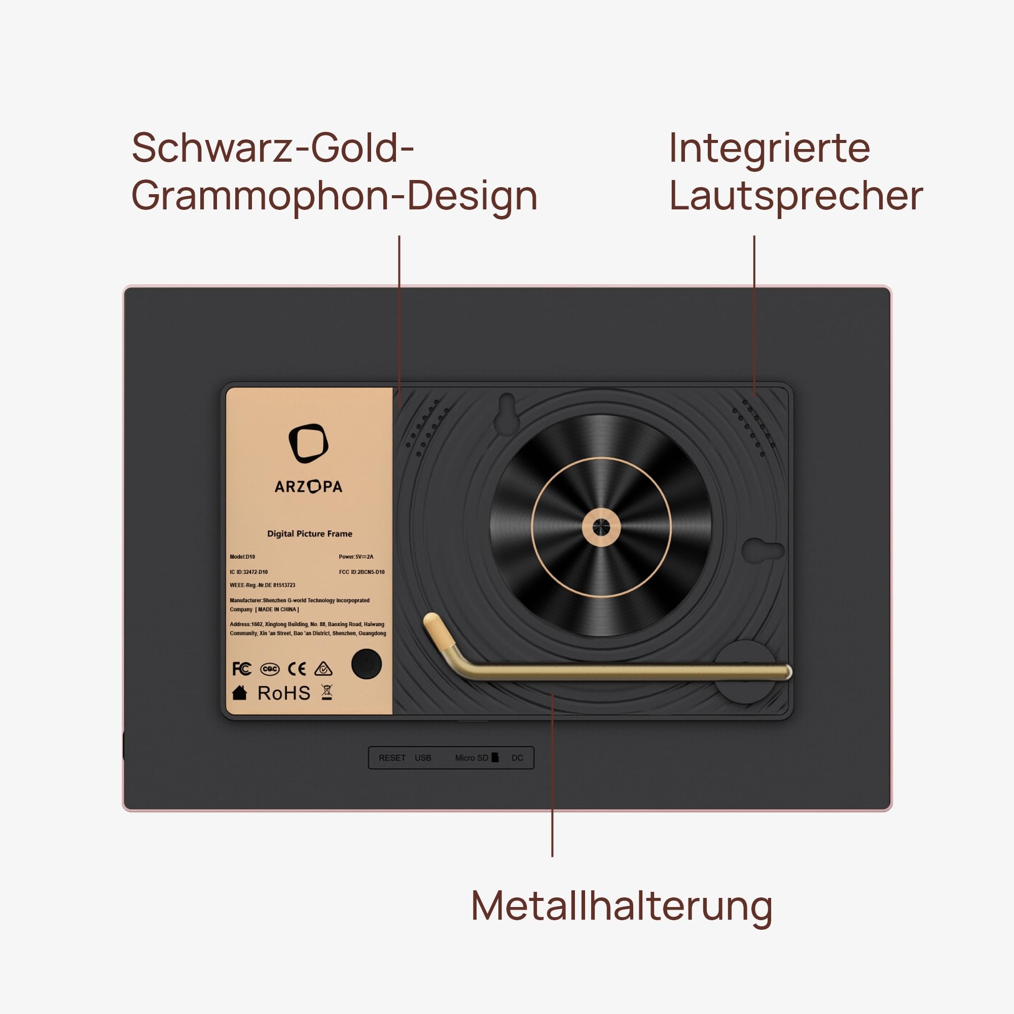 ARZOPA Metall Digitaler Bilderrahmen 10,1" Kostenloser Cloud Speicher WLAN Bilderrahmen Digital HD Touchscreen sofort Teilen Fotos Videos als personalisiertes Geschenk elegant Design-D10 Rose Gold