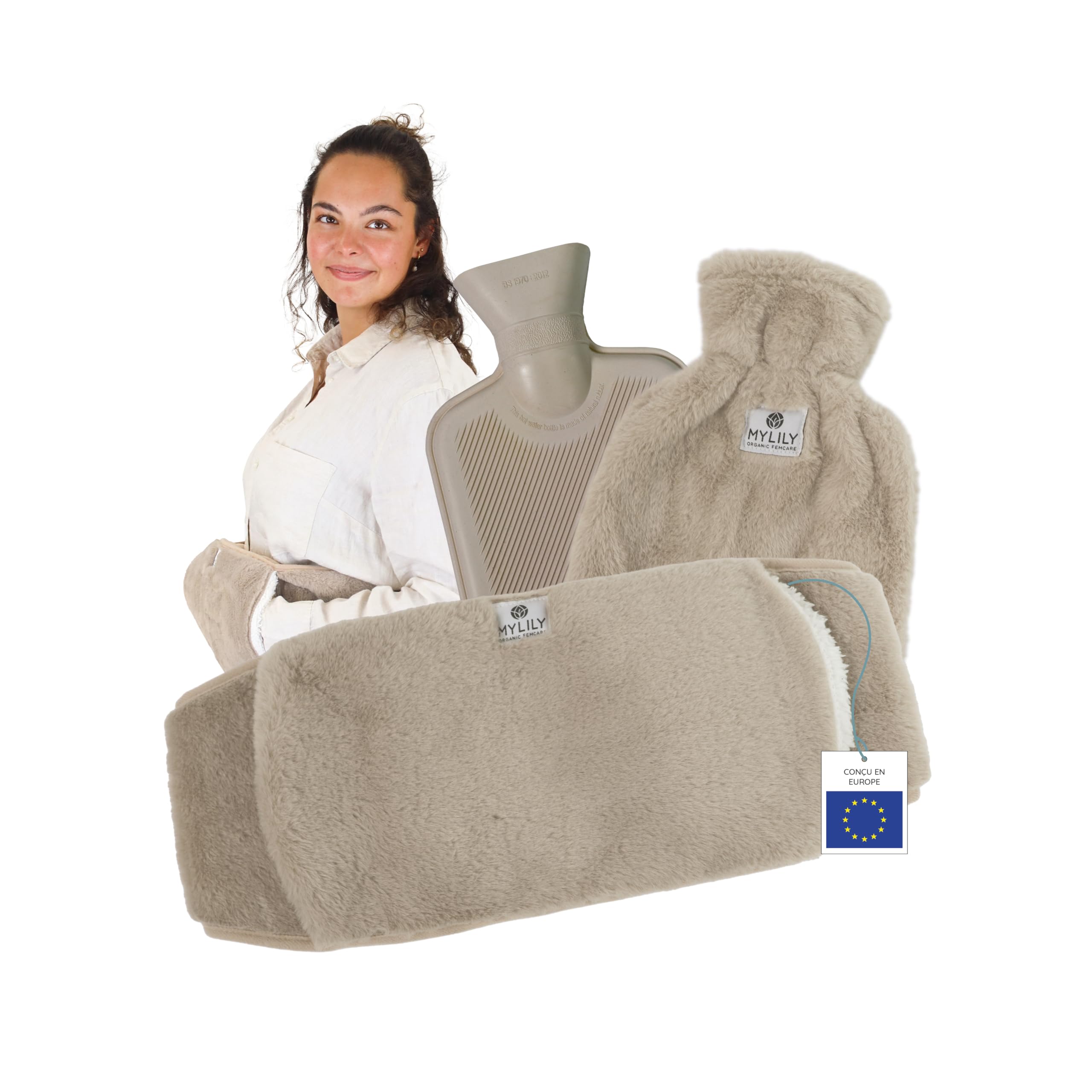 MYLILY ceinture chauffante règles douloureuses, bouillotte 1 l, Beige | 3-en-1, sangle 130 cm scratch, caoutchouc naturel sans BPA, ventre, mains libres, poche avant, lavable