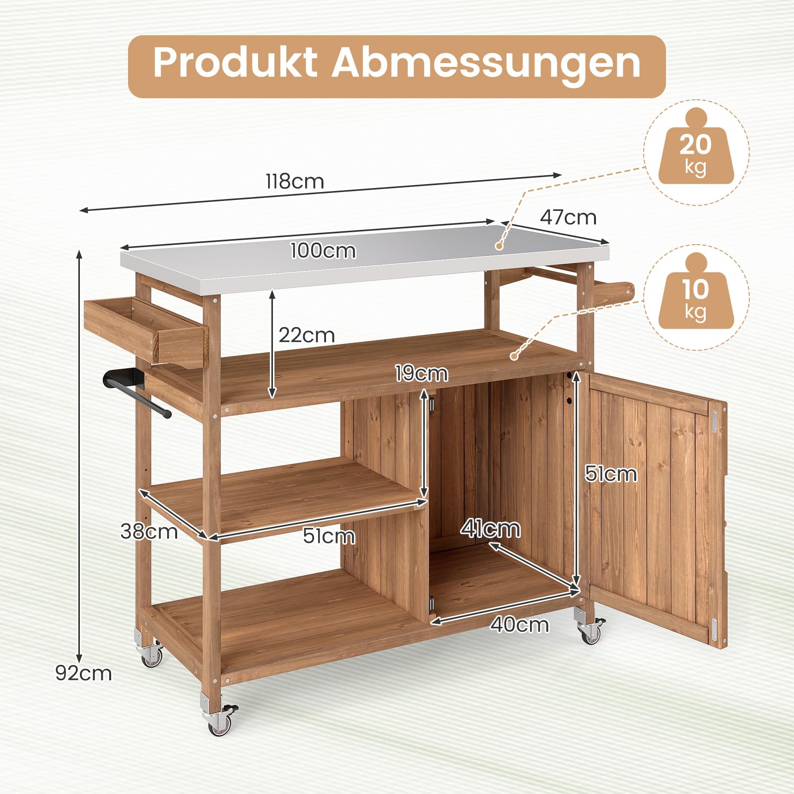 COSTWAY Grillwagen Outdoor, Servierwagen auf Rollen, Kücheninsel mit Edelstahl-Arbeitsplatte, Ablagen, Gewürzregal, Schrank & Handtuchhalter, Grill Trolley BBQ Grilltisch (1 Tür-118 x 47 x 92 cm)