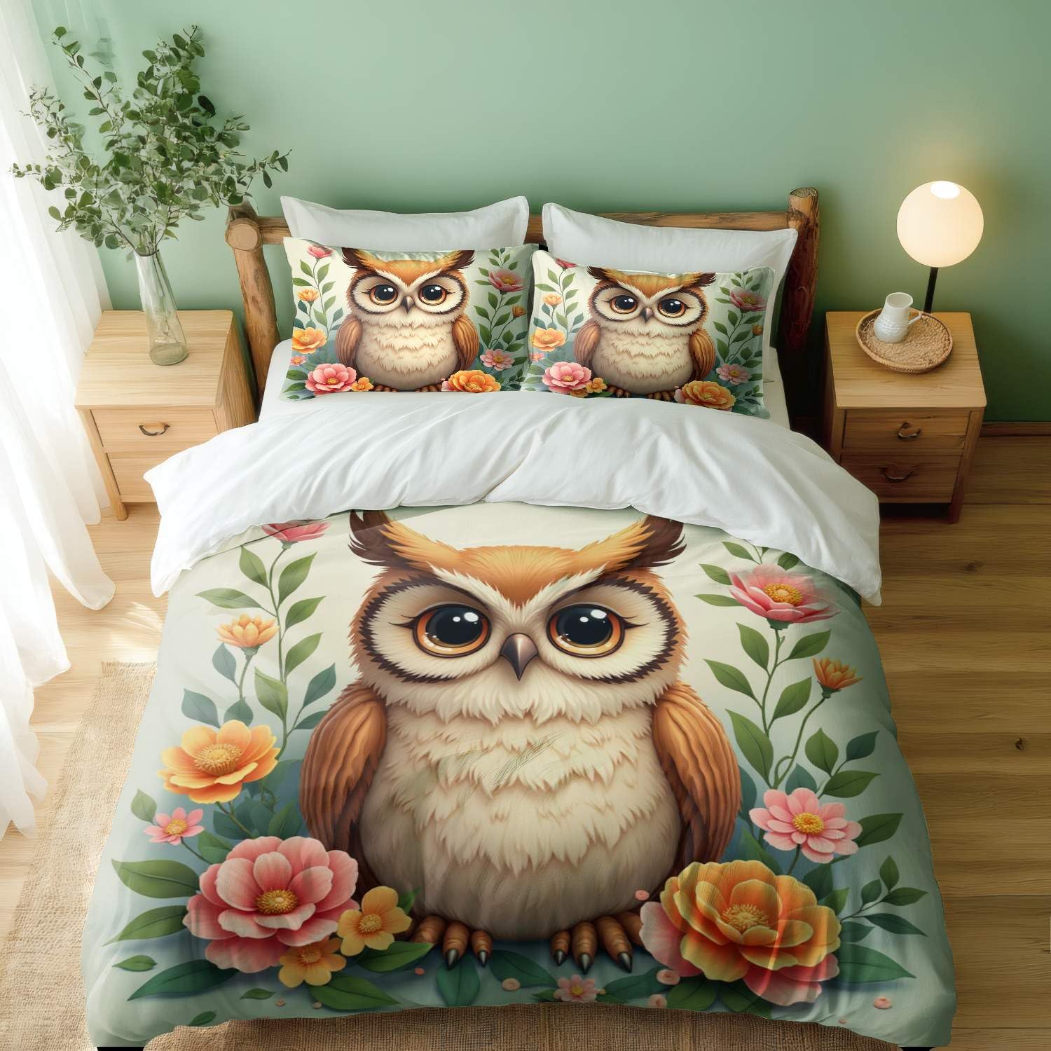 Housse de couette chouette mignonne pour lit double enfant avec deux taies