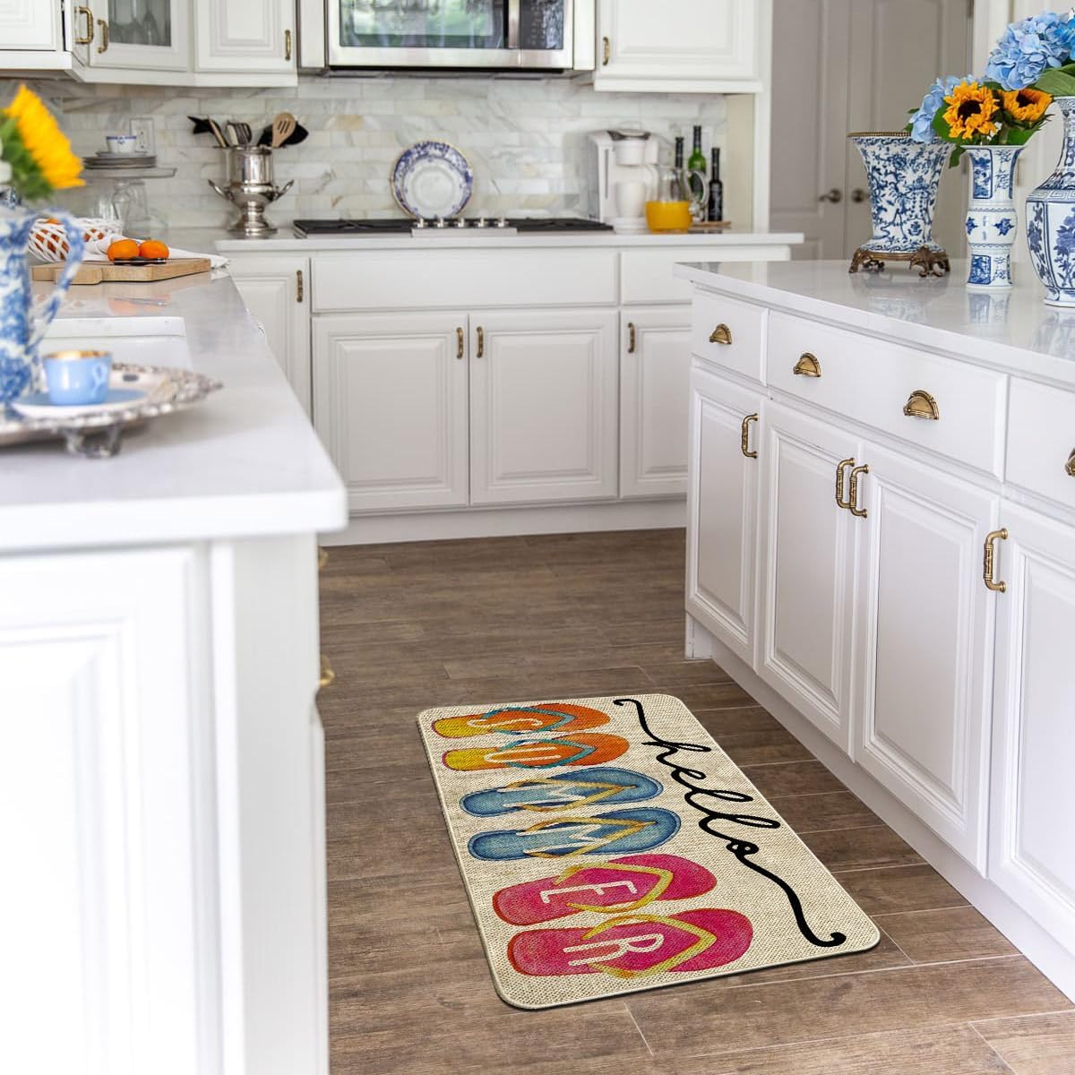 Baccessor Hello Summer Doormat Indoor Outdoor Rug Welcome Summer Flip Flops Decorative Front Door Mat Anti-Slip Rubber for Seasonal Kitchen Entrance Floor Decoration 17 x 29 Inch