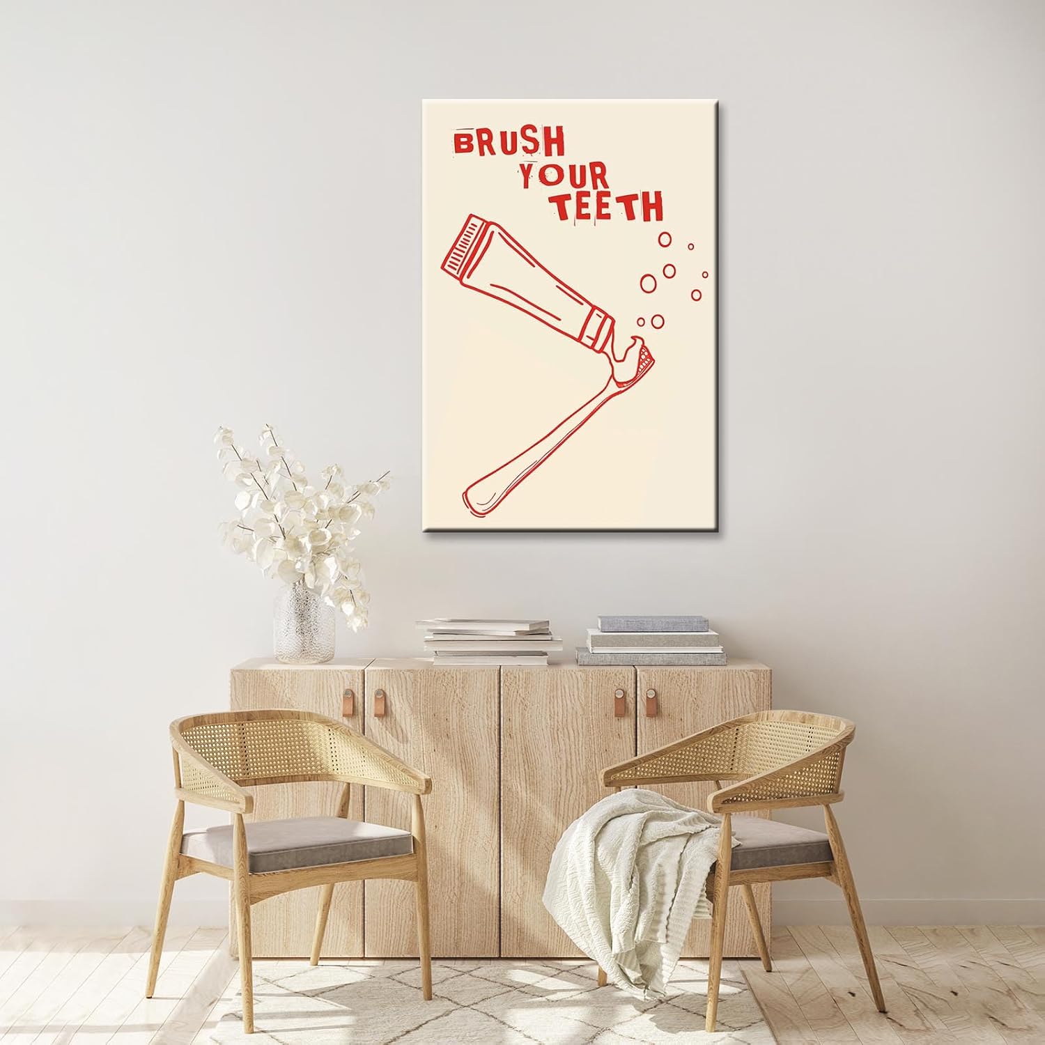 Vintage Trendy Bathroom Poster Brush Your Teeth Print Cute Bathroom Decor Funny Bathroom Trendy Home Decor Printable Wall Art Red Home Room Decor Aesthetics 16X24 in Wrapped Framed