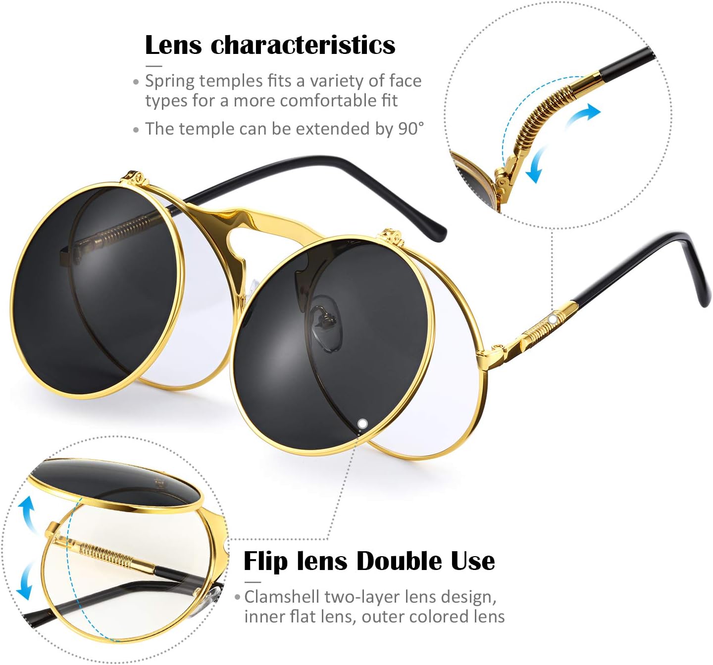 Frienda 3 Pcs Round Flip up Sunglasses Retro Steampunk Style Sunglasses Bulk 90's Circle Dwayne Wayne Glasses for Men Women - Image 6