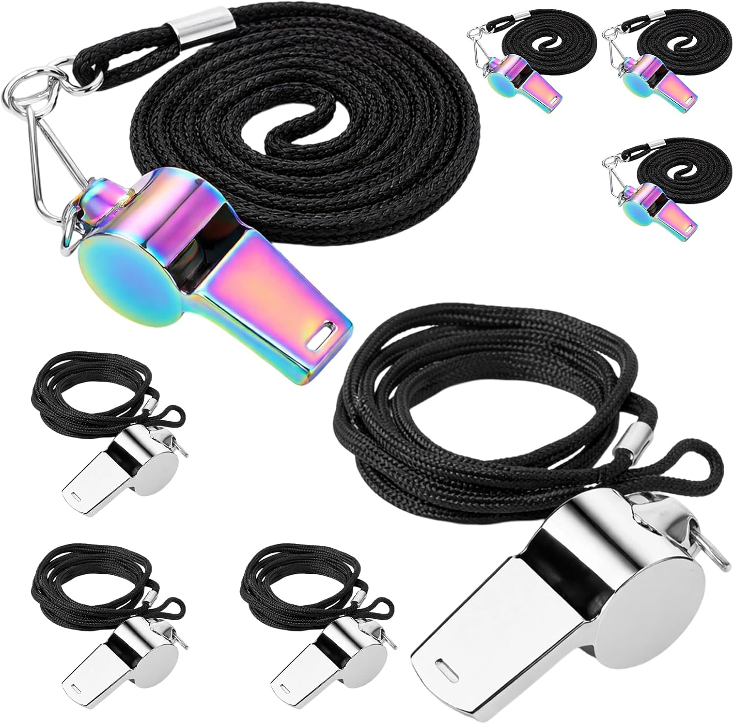 Pack of 8 Colourful Whistles, Stainless Steel Whistle for Referees, Signal Whistle with Lanyard, Sports Training Lessons, Dog Training, Emergency Alarm