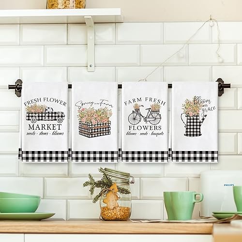 Miniatura 6 de AnyDesign Toallas de cocina de primavera con diseño floral de acuarela rústico blanco negro a cuadros toalla de té de secado a mano para cocinar