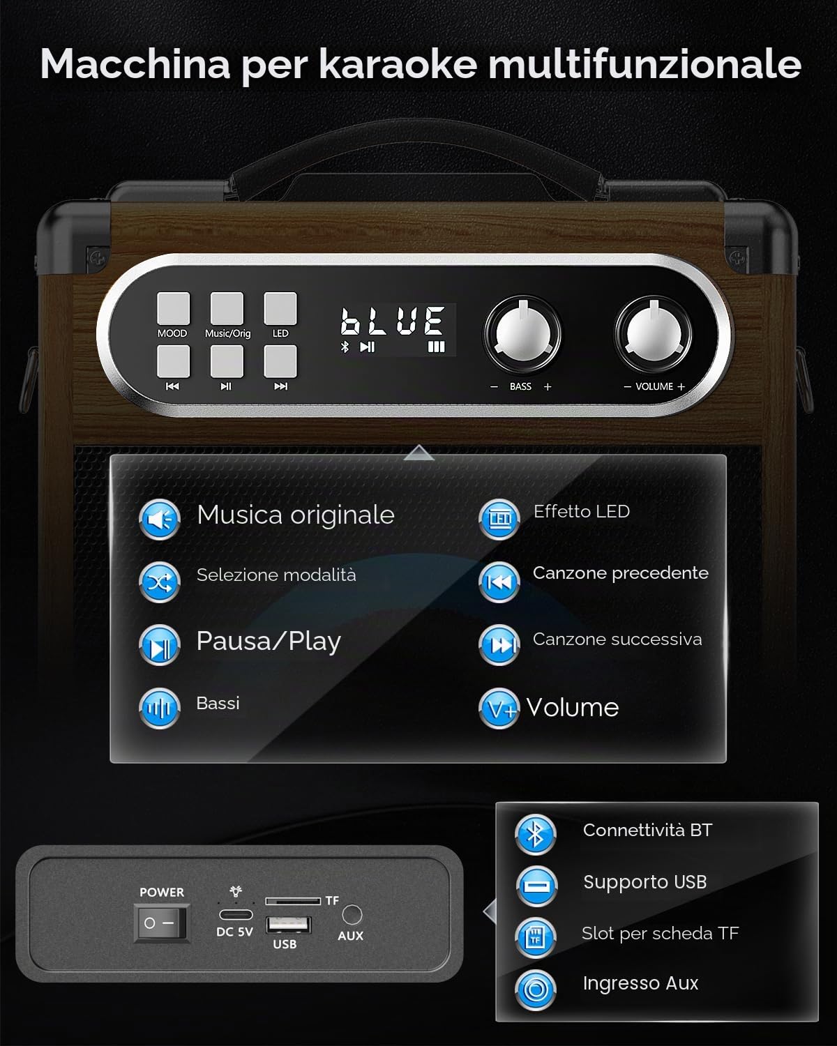 Karaoke Macchina portatile Karaoke professionale con 2 microfoni wireless UHF, sist. PA con lampada DJ, ideale per karaoke familiare, feste di canto, feste di matrimonio, matrimonio