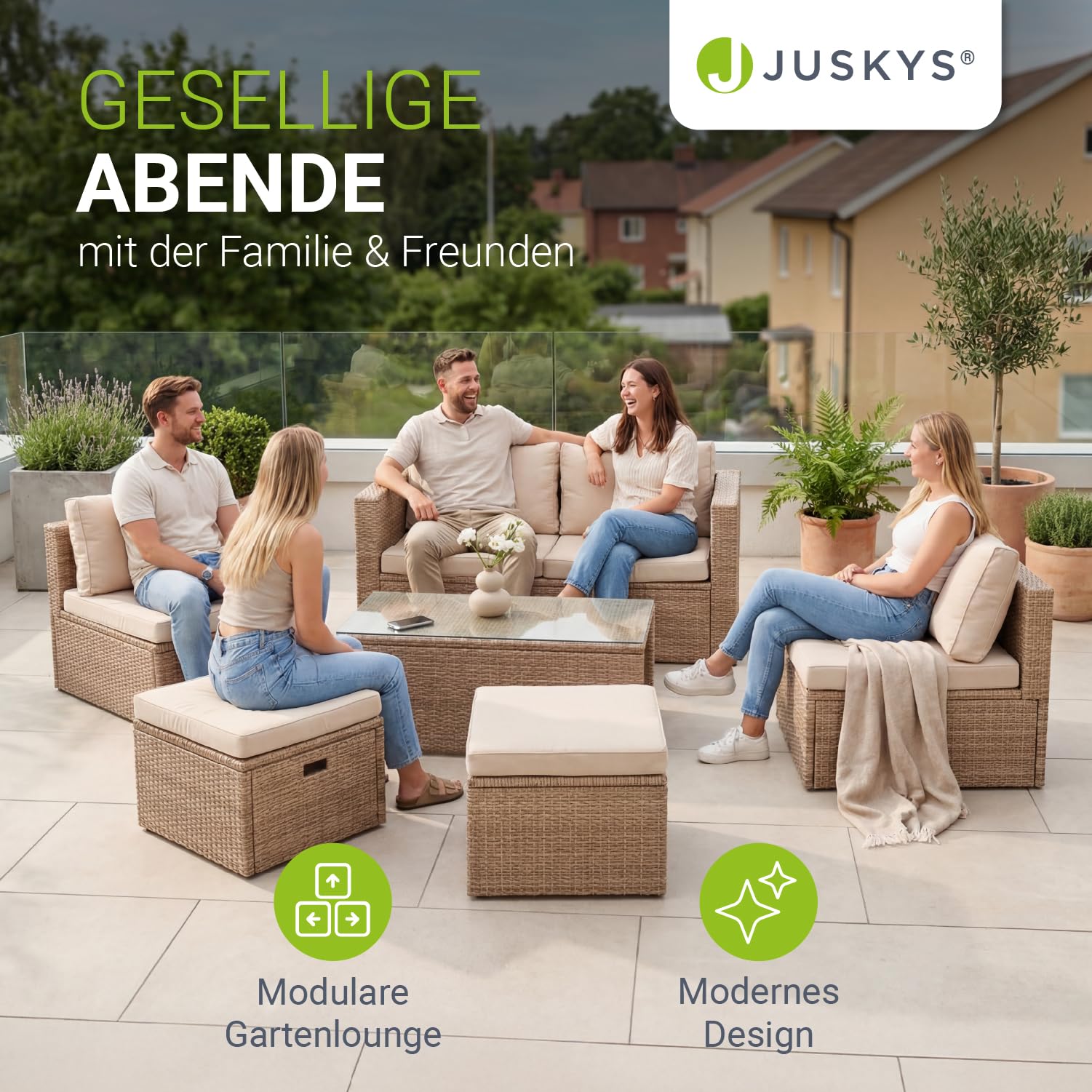 Juskys® Polyrattan Gartenmöbel Set Salou inkl. Abdeckung - Outdoor Lounge wetterfest 6 Personen - Sitzecke mit Tisch & Kissen für Garten, Balkon, Terrasse - Creme/Sand