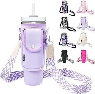 Water Bottle Holder with Strap for Stanley Cup 40/30oz, Insulated Neoprene Stanley Cup Holder with Strap for Tumbler with Handle Stanley Carrier Bag Cross-body Bag for Walking