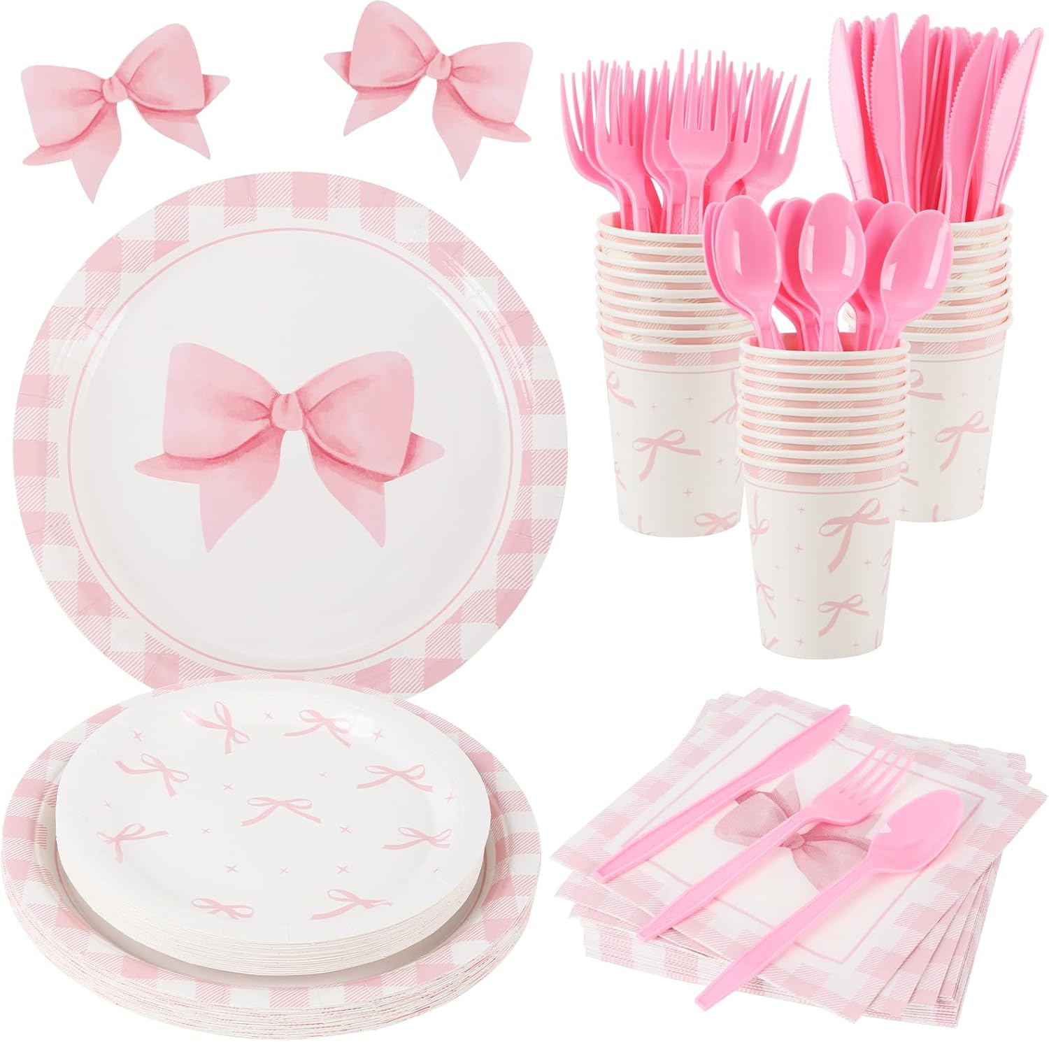 210PCS Pink Bow Birthday Party Supplies,Conquette Birthday Party Plates Napkins Cups Forks Spoons Knives Tableware Sets for Girl Bachelorette Bridal Engagement Decoration,Serves 30
