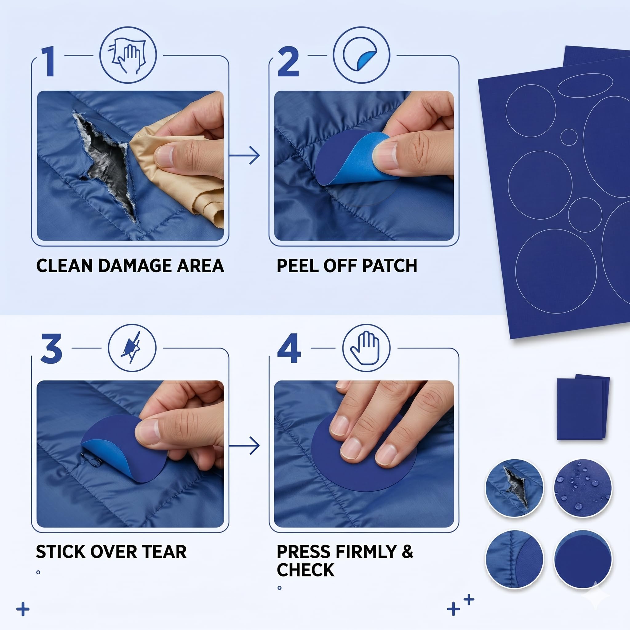HEAVY DRIVER 16 Pcs Puffer Jacket Repair Patch Kit – Self Adhesive Waterproof Nylon Fabric Patches | Stick On Repair Tape for Down Coat Tent Sleeping Bag Ski Wear Backpack (Blue) 1
