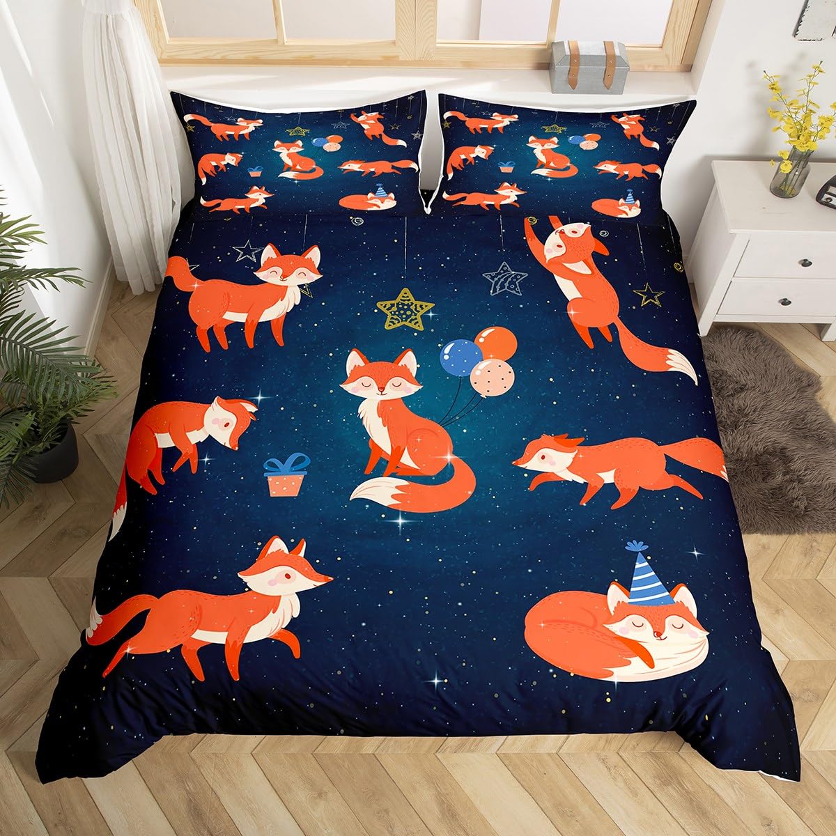 Feelyou Cartoon Fox Bedding Set Fox Print Comforter Cover for Kids Adult 3D Animal Theme Duvet Cover Galaxy Woodland Fox Bedspread Cover Room Decor 3Pcs with 2 Pillow Case King Size