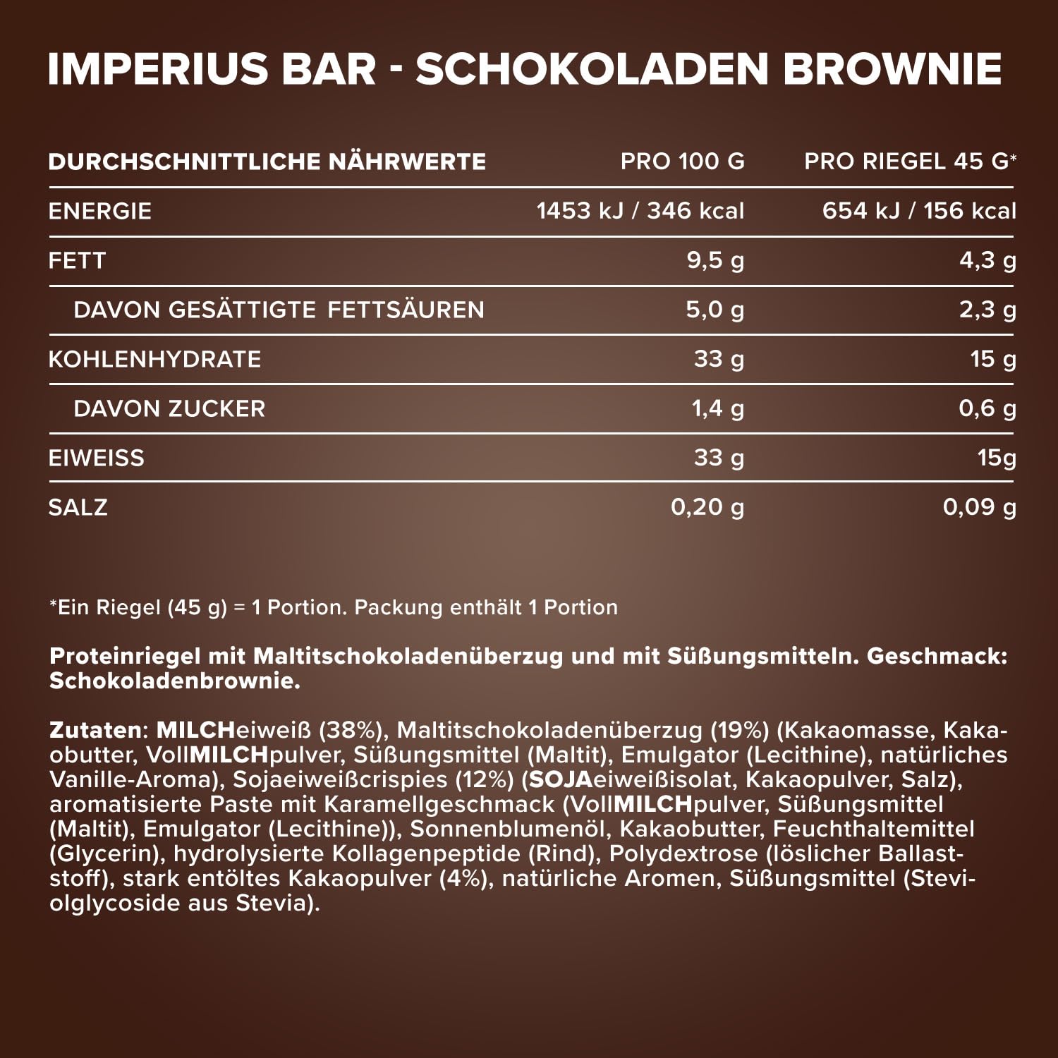 IronMaxx Imperius - Chocolate Brownie 24x45g | Barritas bajas en azúcar con crujientes de soja | Alta en proteínas y reducción de azúcar para un snack crujiente y nutritivo
