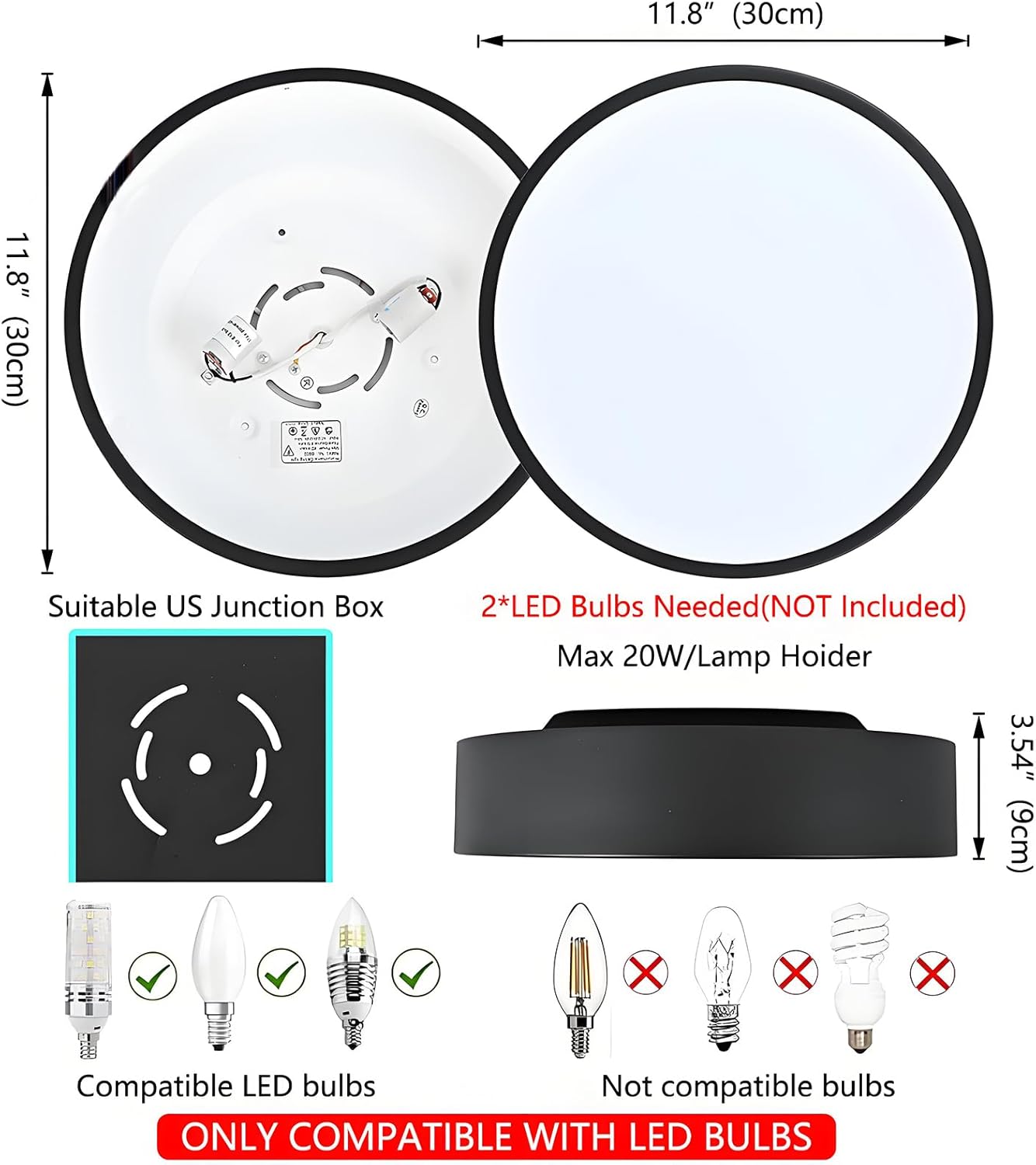 Modern Black Flush Mount Ceiling Light, 2-Lights Round Ceiling Light, Minimalistic Ceiling Lamp Acrylic Shade Lighting Fixture for Bedroom Laundry Room Bathroom Hallway(11.8 Inch)