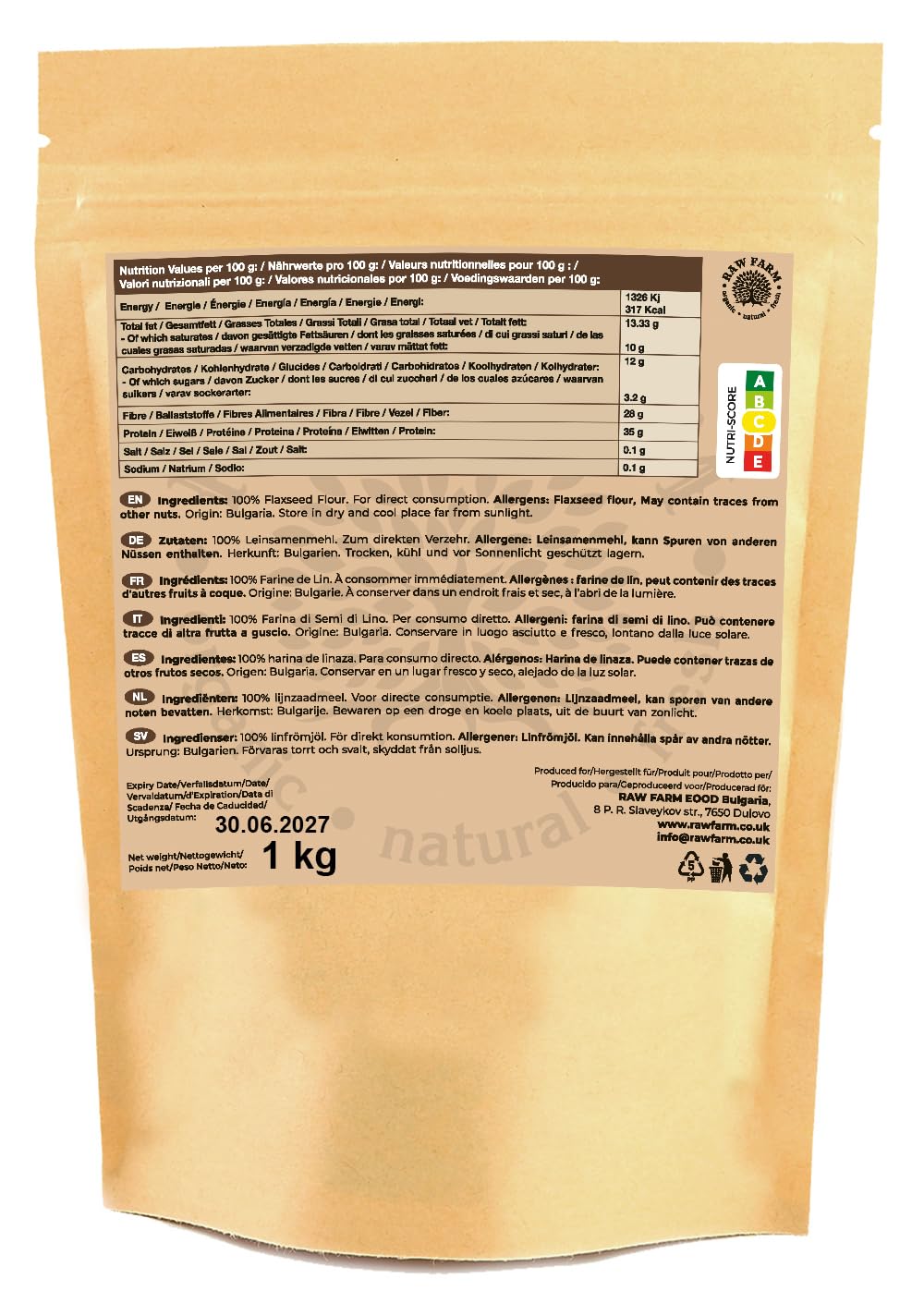 Raw Farm - Harina de Semillas de Lino - 1kg - 100% Pura, Sin Gluten, Rica en Proteínas, Baja en Carbohidratos, Sin Frutos Secos, Para Hornear, Cocinar y Smoothies