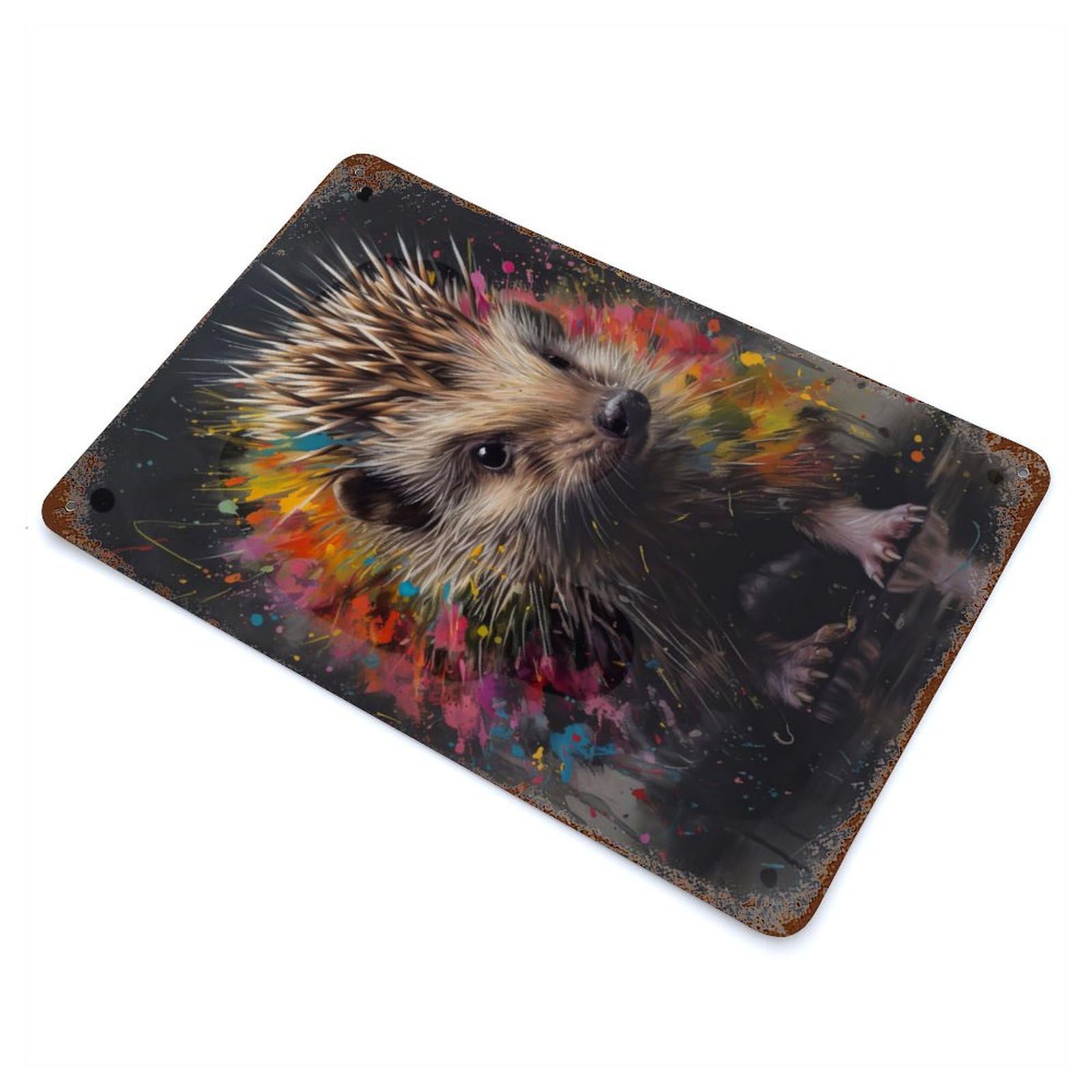 Garage Style Hedgehog Painting Weathered Tin Sign 11.8"x7.9", Classic Wall Plaque for Bar And Workshop