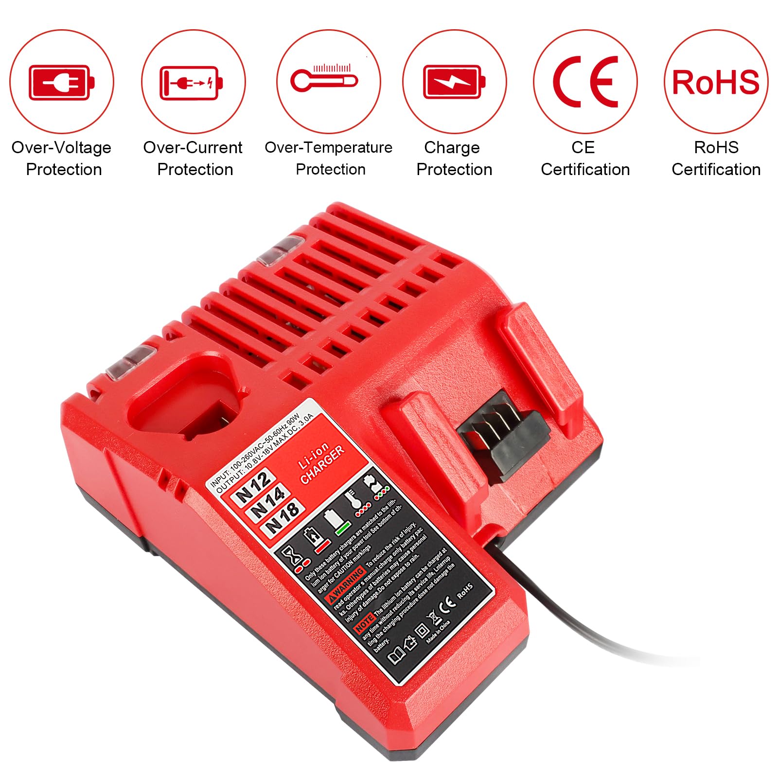 QUPERR Chargeur Rapide 3A M12 & M18, Compatible avec Batteries Li-ION Milwaukee 12V–18V 3Ah 4Ah 5Ah 6Ah, avec indicateur LED et Protection Multiple