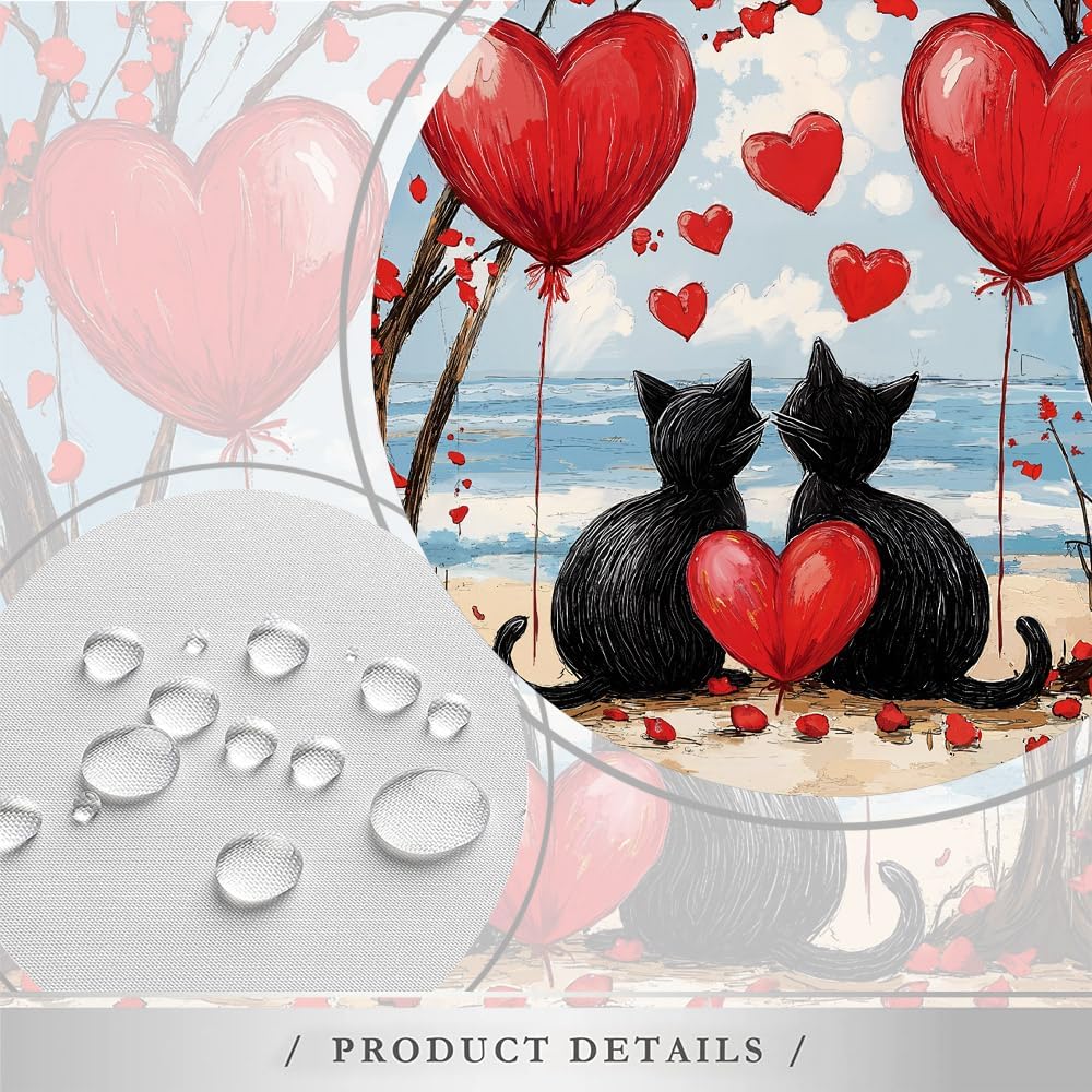 Valentine's Day Shower Curtain Cute Cat Couple Red Love Romantic Heart Balloon Hawaiian Beach Abstract Oil Painting Art Bathroom Decor Set Polyester Fabric with Hooks 70X88 Inch