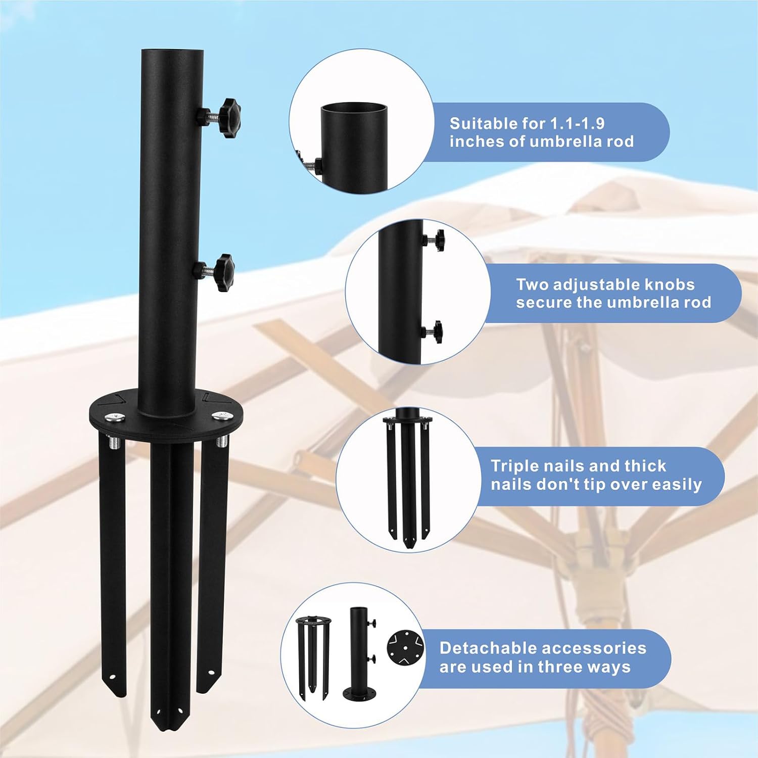 Patio Umbrella Stand Base, Heavy Duty Outdoor Umbrella Holder, Metal Grass Umbrella Ground Stake, Steel Outdoor Umbrella Base for Decks, Patios, Lawn, Docks
