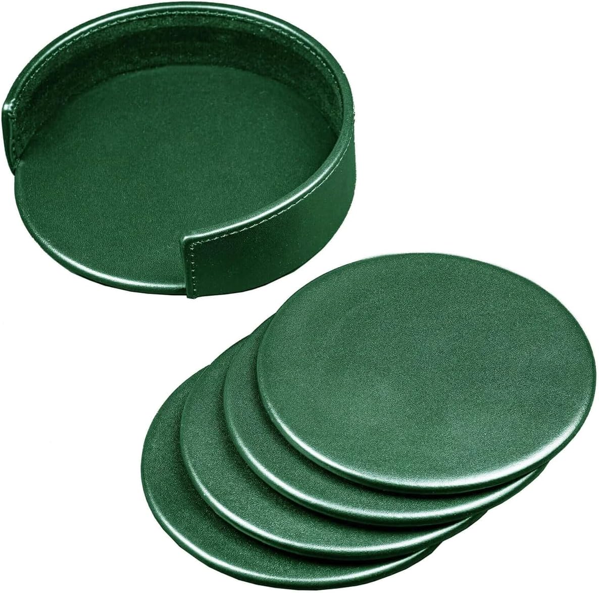 DACASSO Dark Green Leather Coaster Set - Luxury Dark Green Leather Round Coasters with Holder - Office Accessories & Executive Desk Decor - (Dark Green)