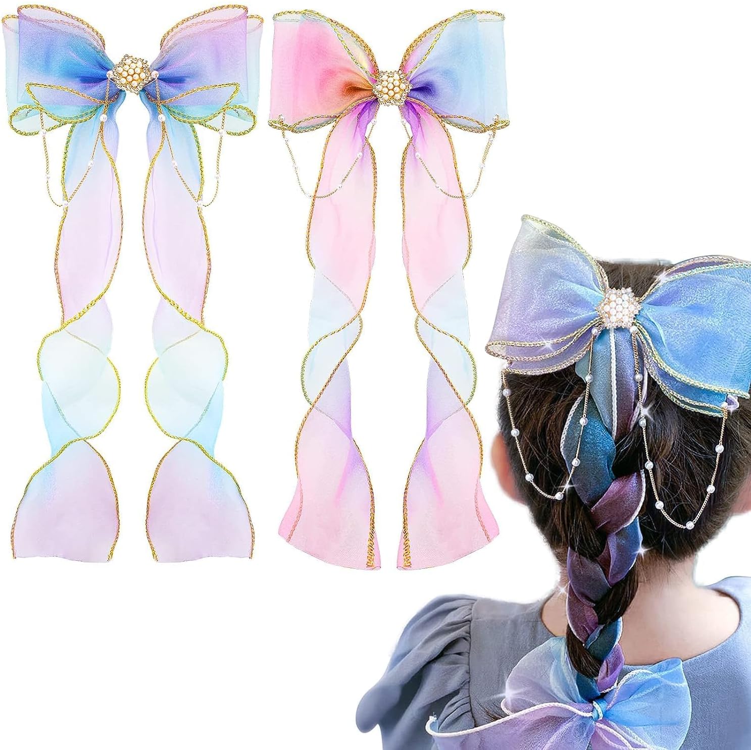 โ HEXXEE Amzboen 2 Pcs Colorful Ribbon Hair Bows for Girls, Bows Hair Barrettes, Kids Hair Accessories, Rainbow Ribbon for Toddler Girls Teen Adult Princess Dress Up(Gradient Color)