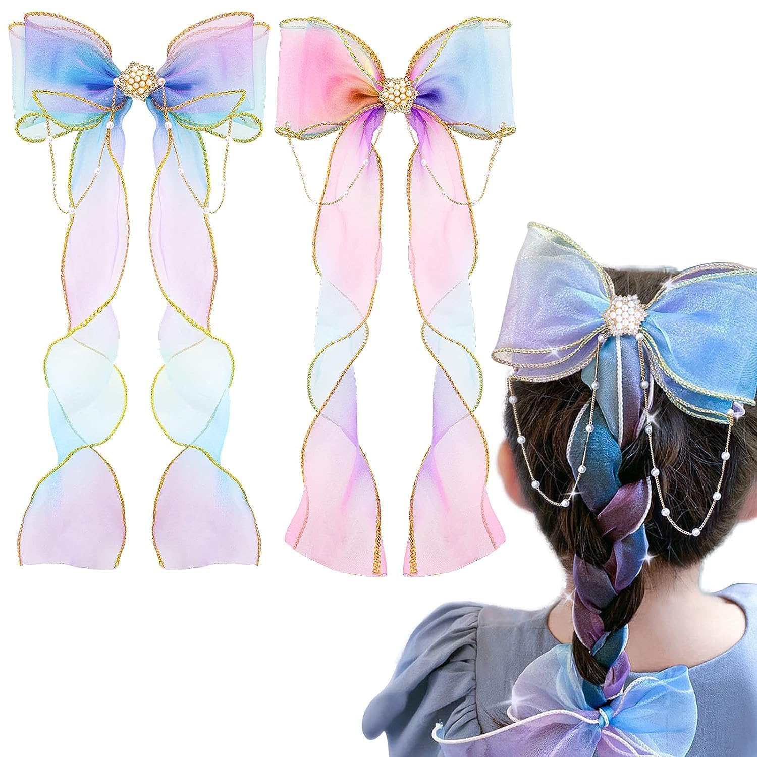 Sponsored Ad – Amzboen 2 Pcs Colorful Ribbon Hair Bows for Girls, Bows Hair Barrettes, Kids Hair Accessories, Rainbow Ribbon for Toddler Girls Teen Adult Princess Dress Up(Gradient Color)