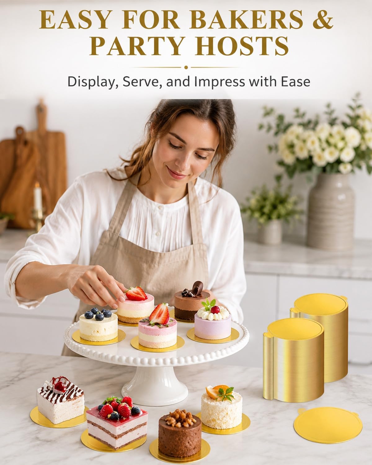 200 Pcs Gold Mini Cake Boards Round - 3.1 Inch Small Cake Base Cardboard with Tab, Greaseproof Mousse Cake Trays for Pastry, Cupcake, Dessert Display, Wedding & Catering (Disposable & Sturdy)