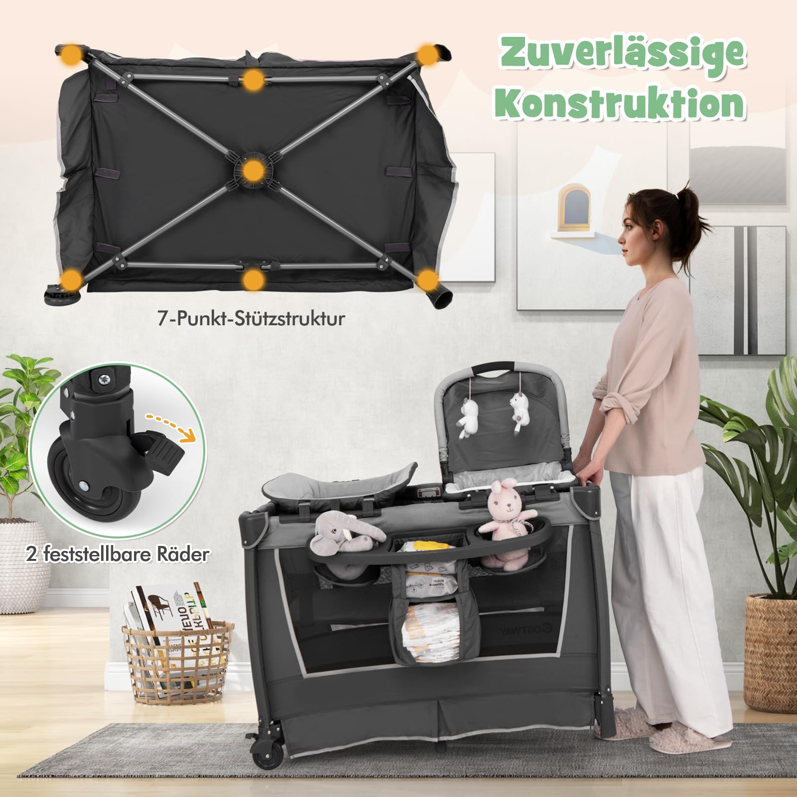 DREAMADE 5 in 1 Babybett, Reisebett Baby mit Matratze, verstellbarem Baldachin, Wickeltisch & Laufstall, Platzsparendes Beistellbett mit Tragetasche für Baby 0-36 Monaten (Grau)