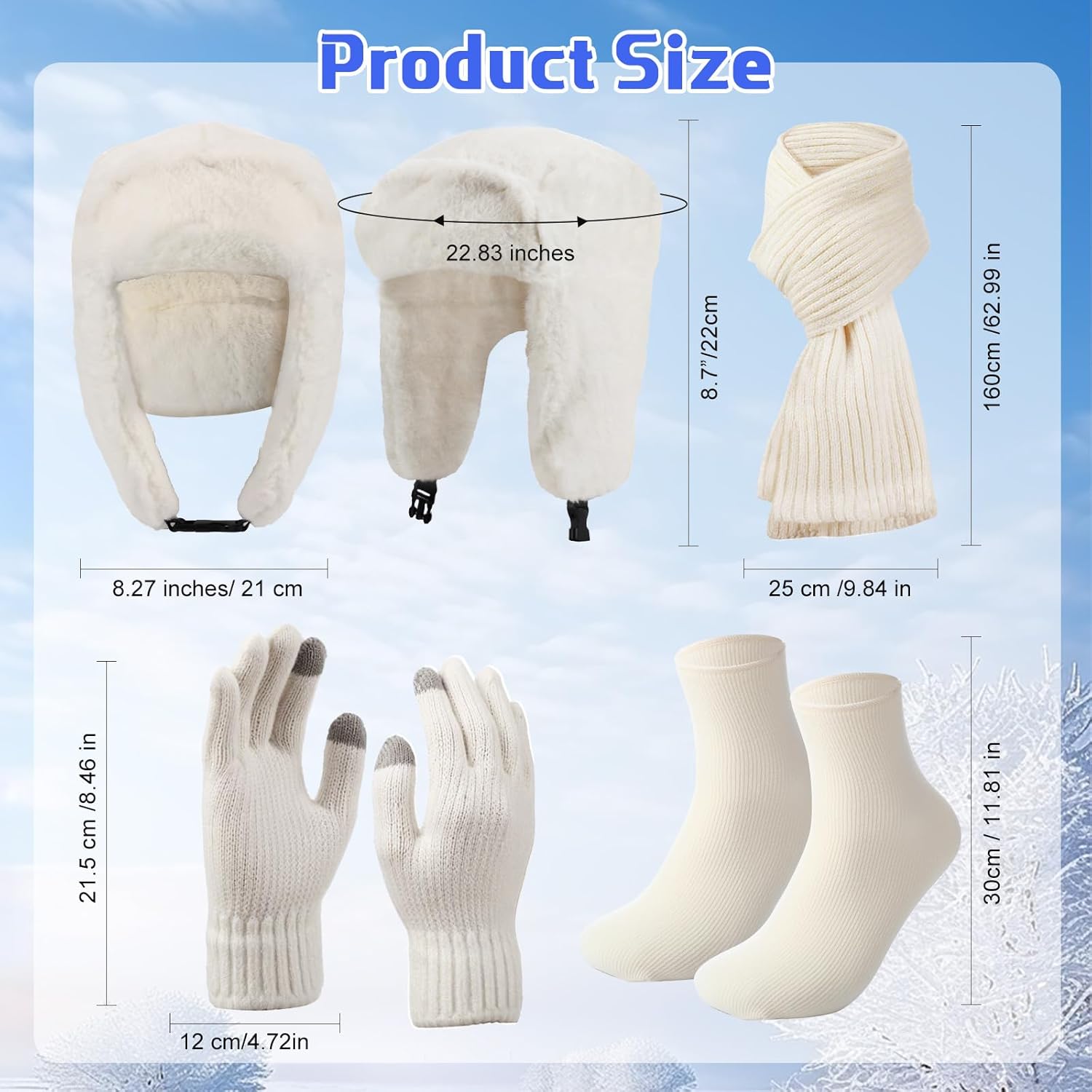 4 Pcs Women Trapper Hat with Earflaps Scarf Gloves Socks Winter Set Warm Faux Fur Hat for Cold Weather Women Men - Image 2