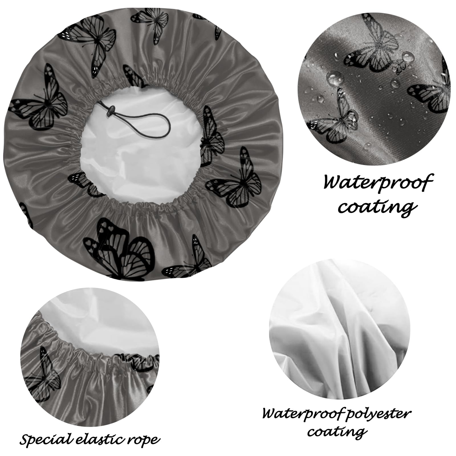 Deokke 2 PCS Shower Cap Reusable Large Waterproof Adjustable Double Layer Elastic Dry Hair Bathing Caps Aesthetic Cute for Women Girls (Q10-Butterfly Rainbow) - Image 3