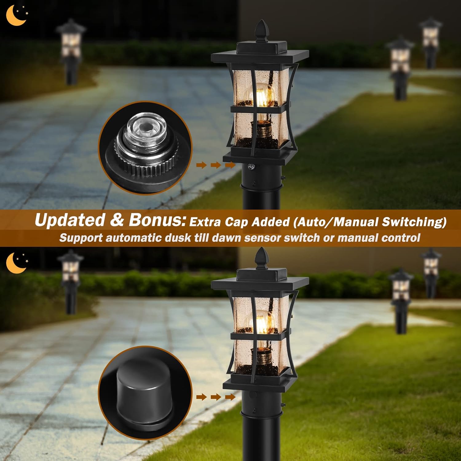2 Packs Dusk to Dawn Outdoor Post Light Fixture with Pier Mount Base - Black Outdoor Pole Lighting, Waterproof Pillar Lantern, Modern Outside Column with Seeded Glass for Pathway, Garden, Patio,