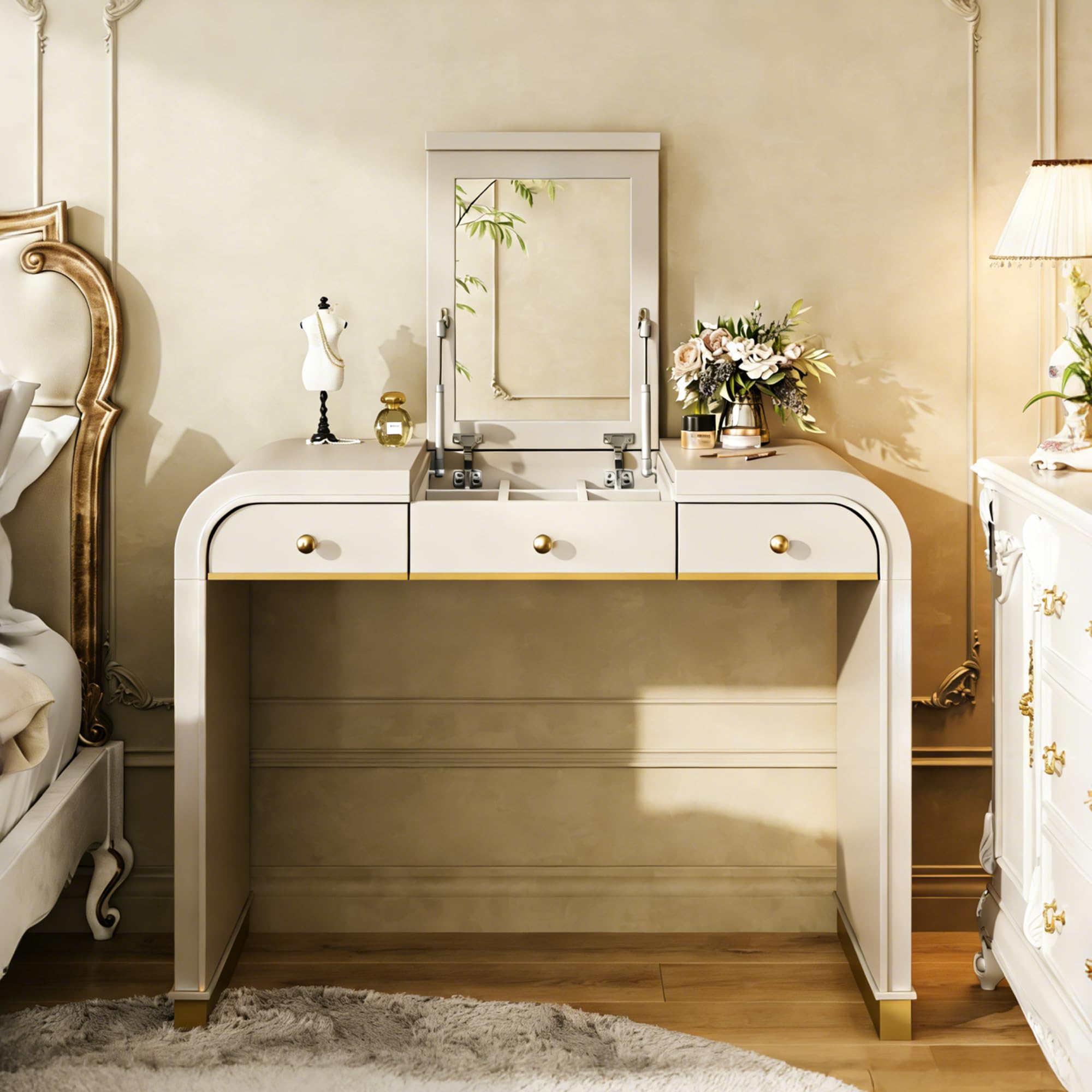 JIVOIT Vintage Vanity Desk with Flip Mirror, Flip-Top Mirror with Hidden Storage, 3-in-1 Wood Dressing Table with 2 Drawers and Storage Space, Easy Assembly (Champagne,44)