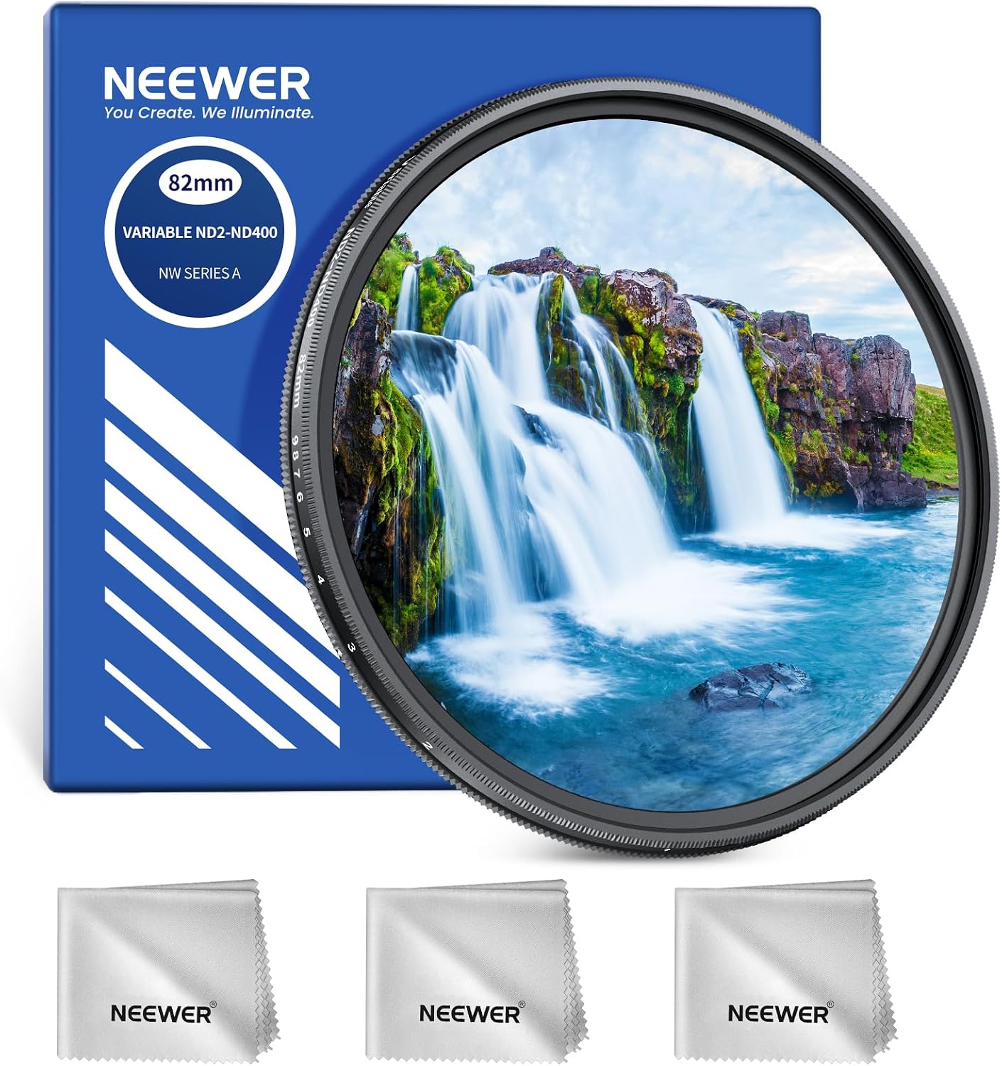 NEEWER 82mm Variable ND Filter ND2-400 (1-9 Stops) with 3X Cleaning Cloth, Adjustable Rotating Variable Neutral Density Camera Lens Filter with Multicoated Optical Glass for Exposure Balance