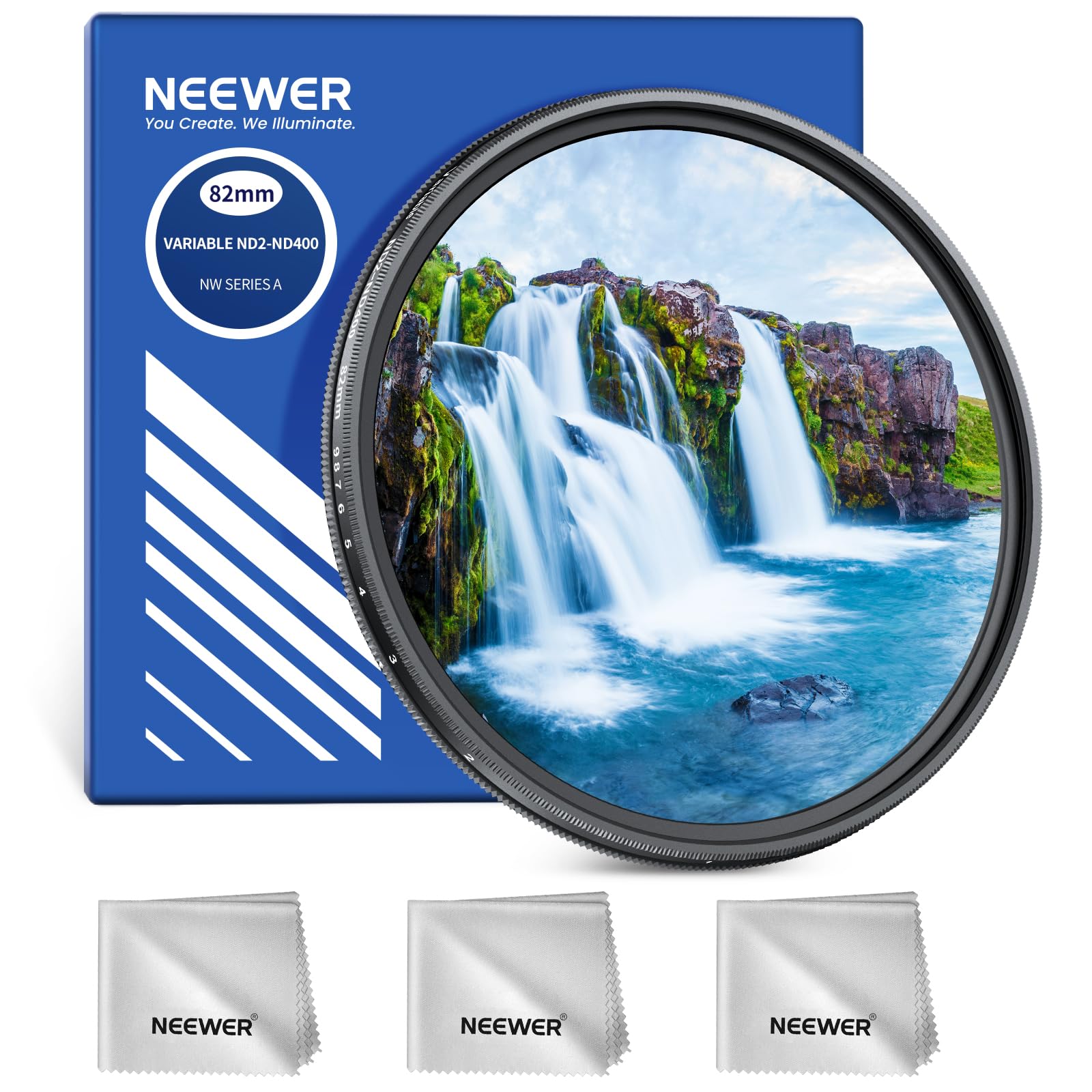 NEEWER 82mm Variable ND Filter ND2-400 (1-9 Stops) with 3x Cleaning Cloth, Adjustable Rotating Variable Neutral Density Camera Lens Filter with Multicoated Optical Glass for Exposure Balance