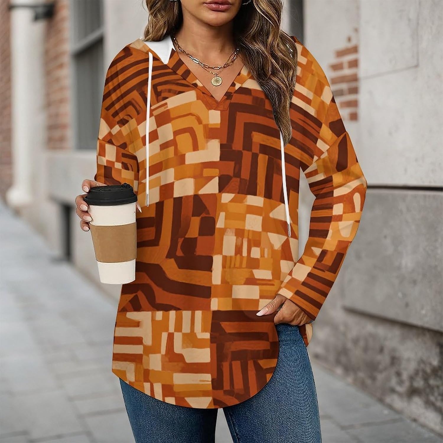 Women's V-Neck Hoodies Long Sleeve Pullover Sweatshirt with Drawstring, Loose Fit Lightweight Casual Top