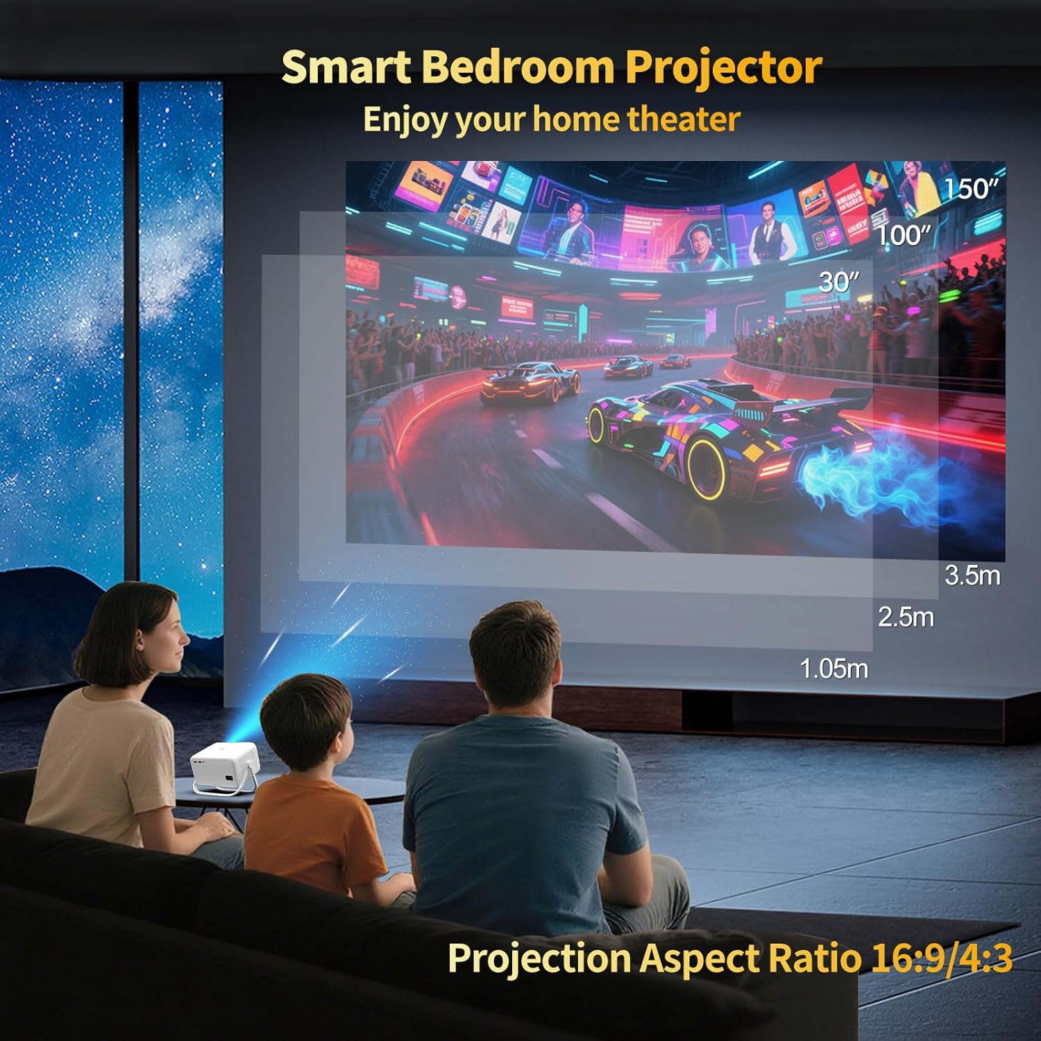 【8K Video Decode & Android 14.0】Smart Projector with WiFi and Bluetooth, 650 ANSI 8K Support Native 1080P, Auto Focus & Keystone, 360°Rotation Portable Mini Short Throw Outdoor Movie Projectors