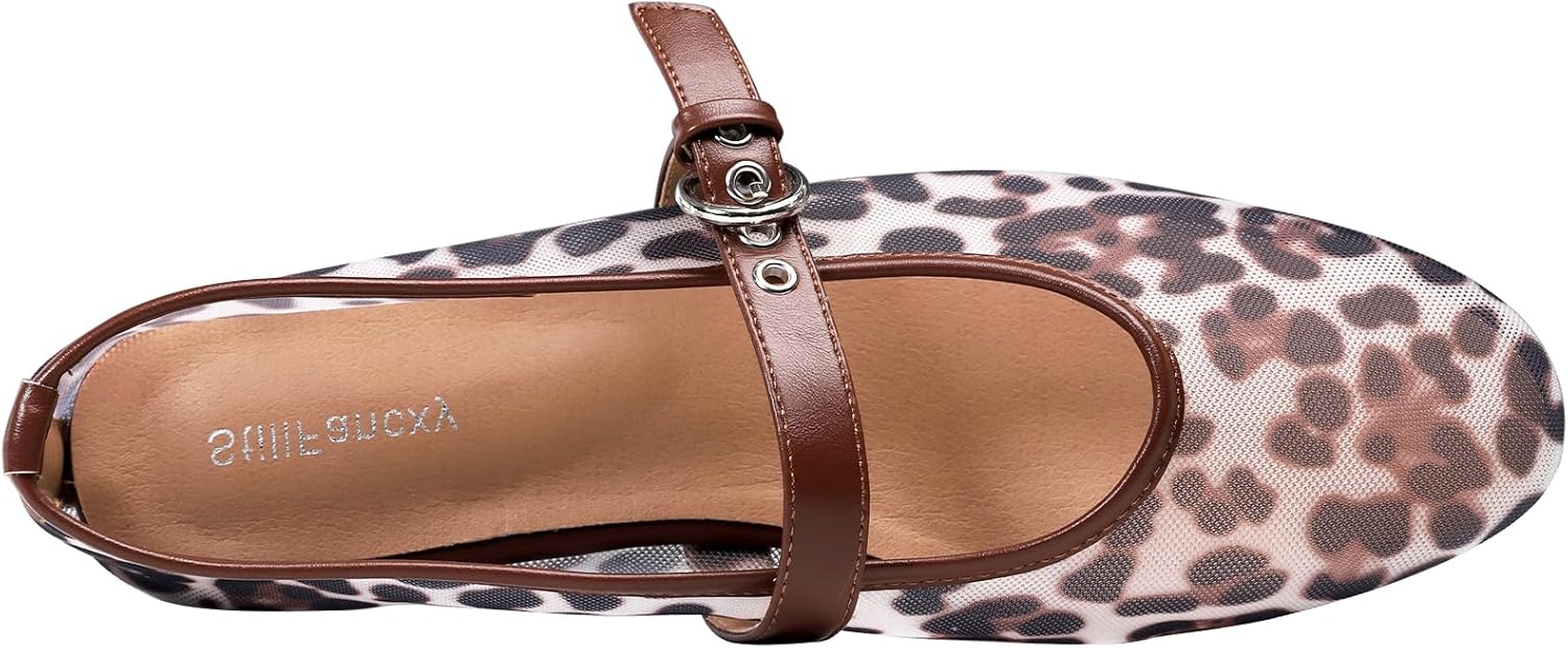 Leopard Flats for Women Mesh Ballet Flats Mary Jane Animal Print Shoes Slip On Casual Breathable Ballerina Flats - Image 5
