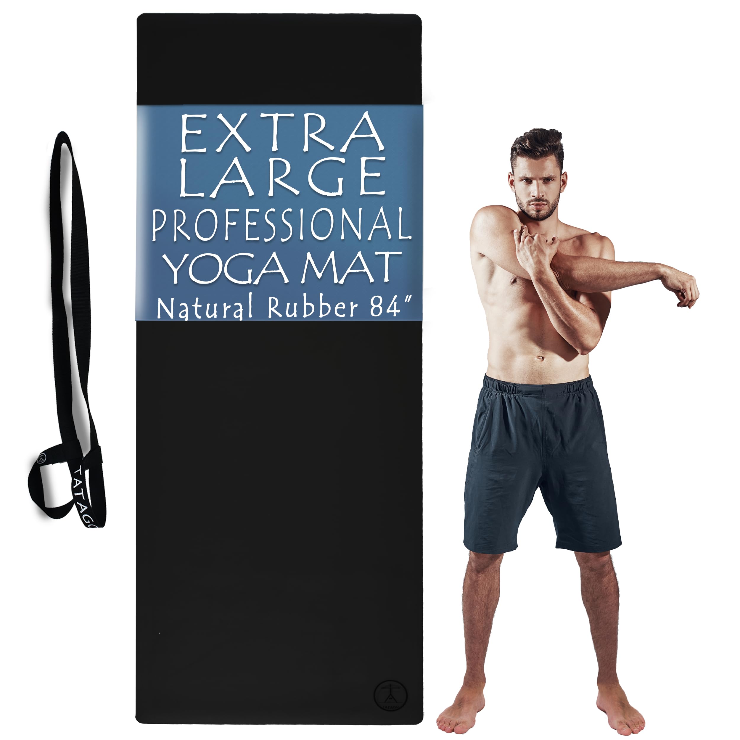 Tatago Hot Yoga Mat Non Slip-Professional Grade Natural Rubber Yoga Mat, Pliates Mat, Stretching Mat or exercise mats for home workout. Nonslip for Hot and Sweaty Classes. Includes Yoga Strap for Carrying and Stretching too.