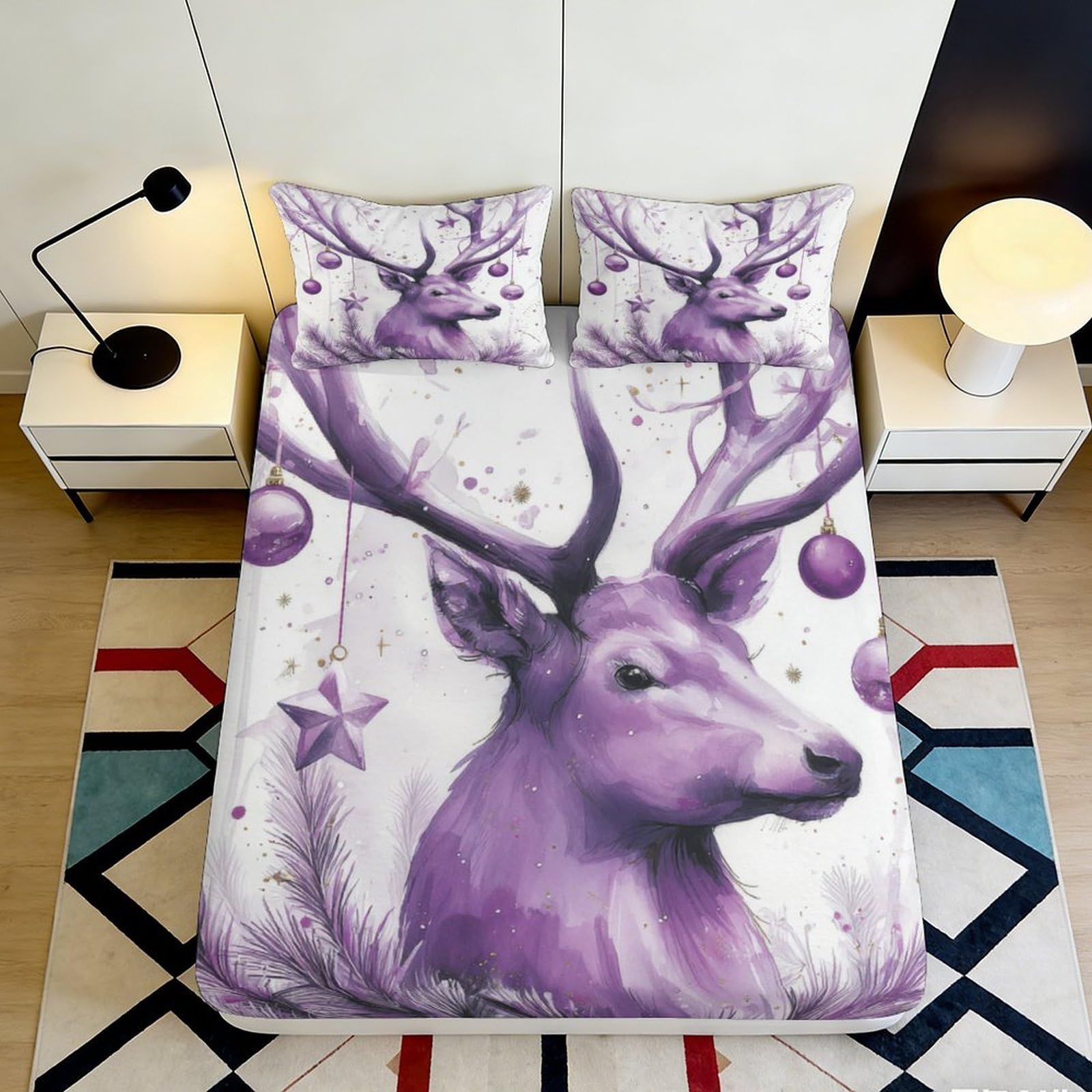 3D Printed Purple Deer Fitted Sheet Microfiber Soft Antlers Art Mattress Cover for Bedroom Guest Room Decor 200x200x25cm