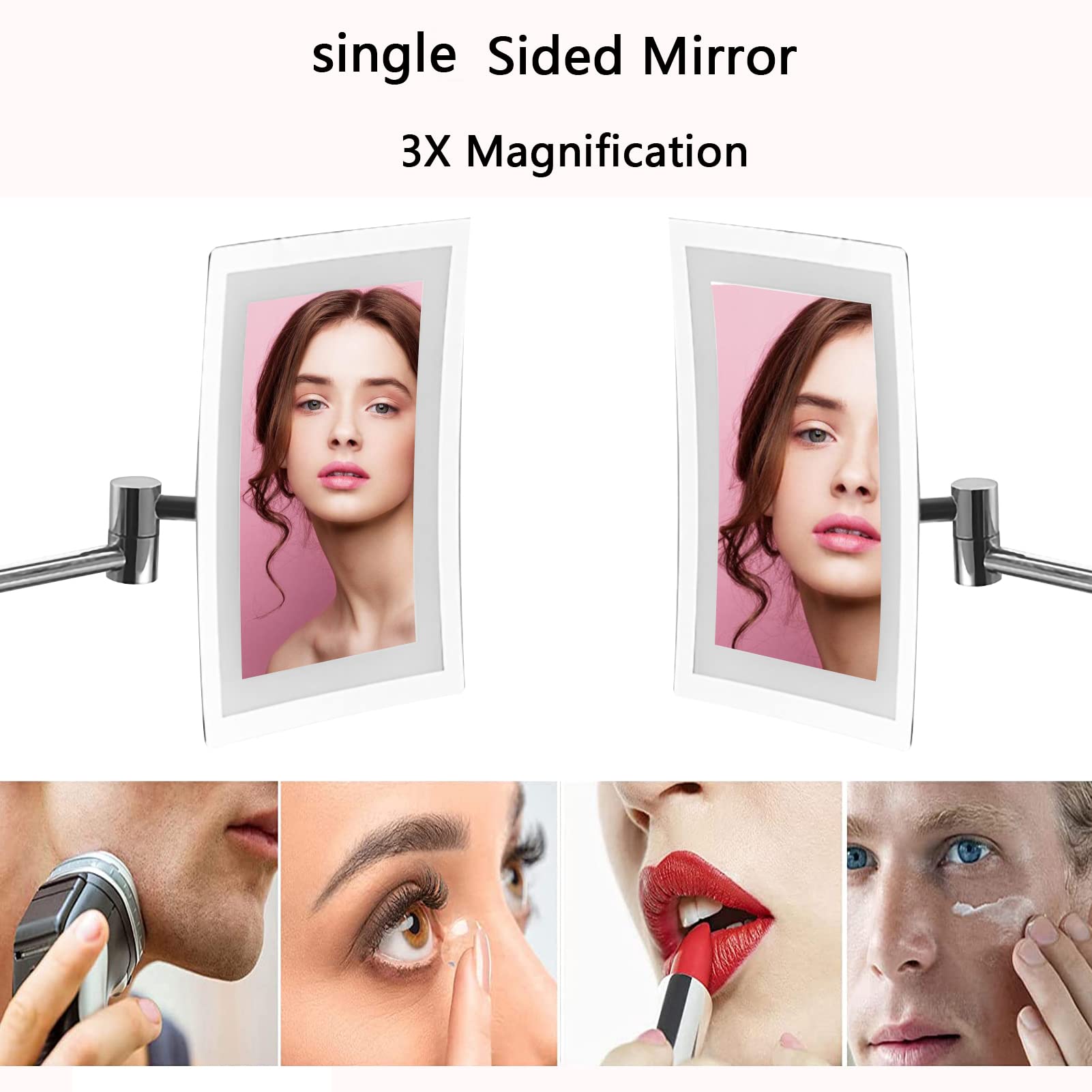 Miroir de Courtoisie Carré Extensible Mural, Pliant Miroirs de Maquillage avec Bras Extensible, Miroir de Rasage de Salle de Bain avec LED et Grossissement 3x (Rectangular Bottom Silver Plug)