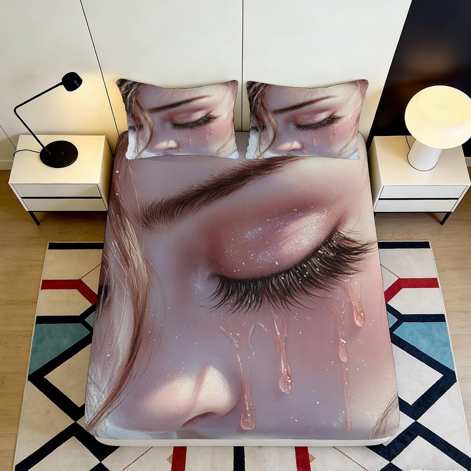 3D Printed Realistic Portrait Fitted Sheet Microfiber Soft Pink Face Mattress Cover for Bedroom Decor Dorm Use 90x200x25cm