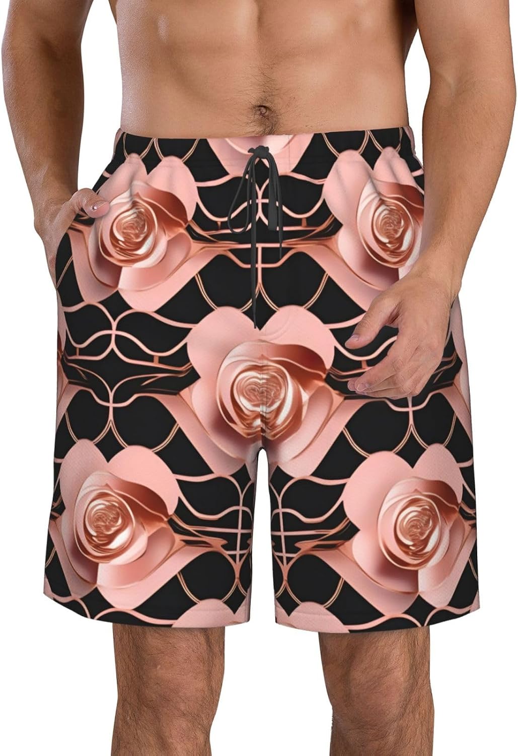 Mens Rose Gold Pattern Backgrounds Print Beach Shorts,Casual Summer Shorts for Men,Quick Dry Polyester