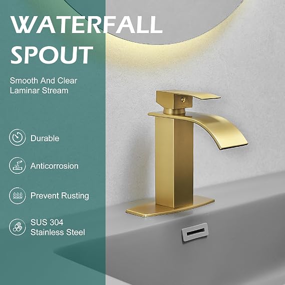 Hoimpro Brushed Gold Waterfall Spout Single Hole Bathroom Faucet, Stainless Steel Single Lever Bathroom Vanity Sink Faucet with Drain, cUPC Hose and Deck Plate
