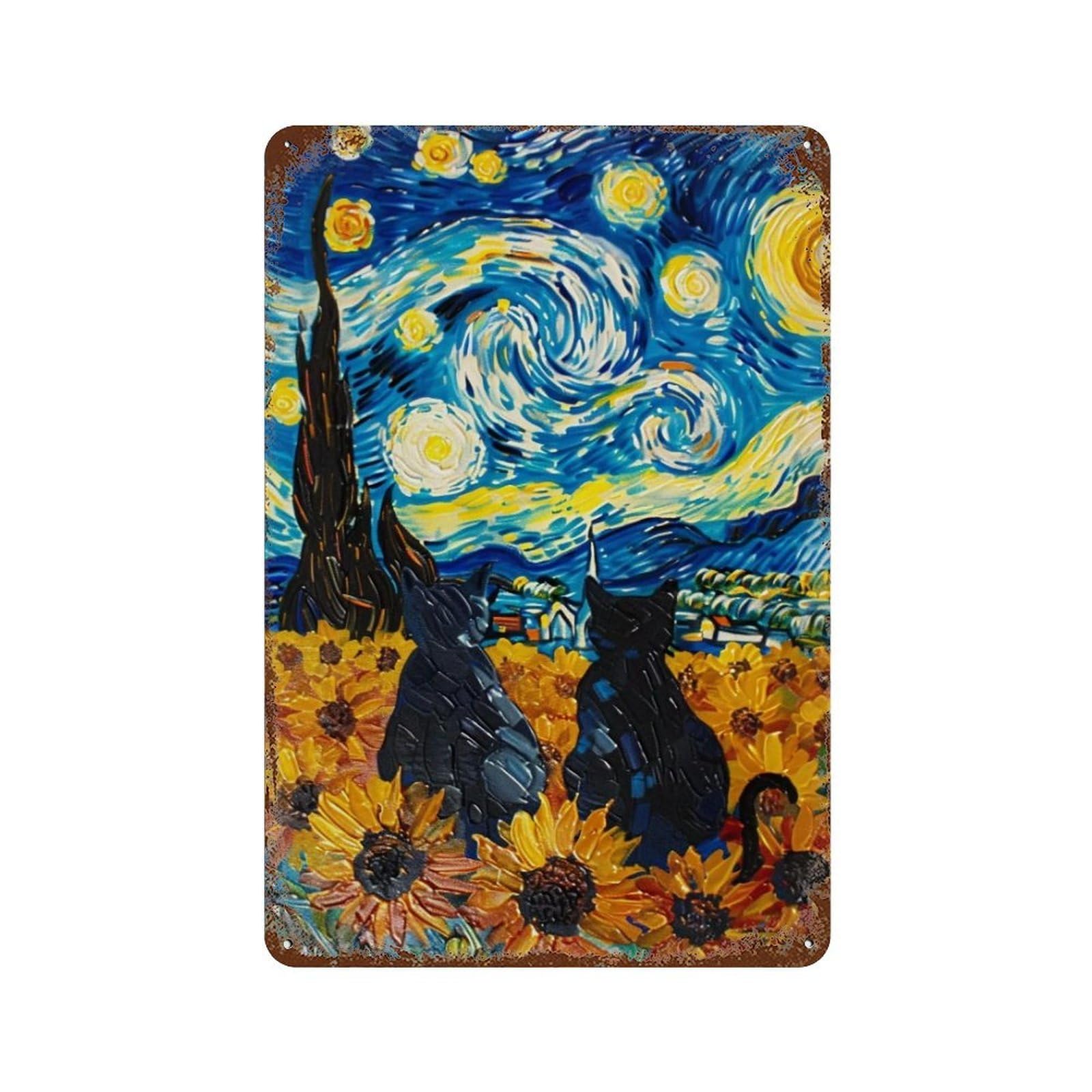 YHGERTKU Starry Night Cats 02 Wall Art Retro Iron Vintage Metal Tin Sign Poster Modern Decor for Living Rooms Gift 30x20cm