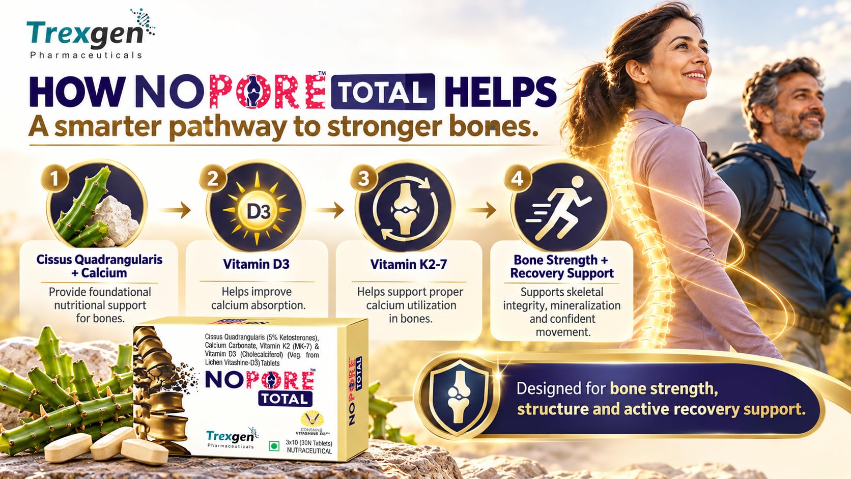 Trexgen NOPORE TOTAL Bone Strength & Skeletal Health Support Tablets | Cissus Quadrangularis Extract 500 mg (5% Ketosterones), Elemental Calcium 500 mg, Vitamin K2-7 MK7 45 mcg & Vegetarian Vitamin D3 600 IU | Bone Mineralization, Calcium Absorption & Fracture Recovery Nutritional Support | 30 Tablets — Amazon image 5
