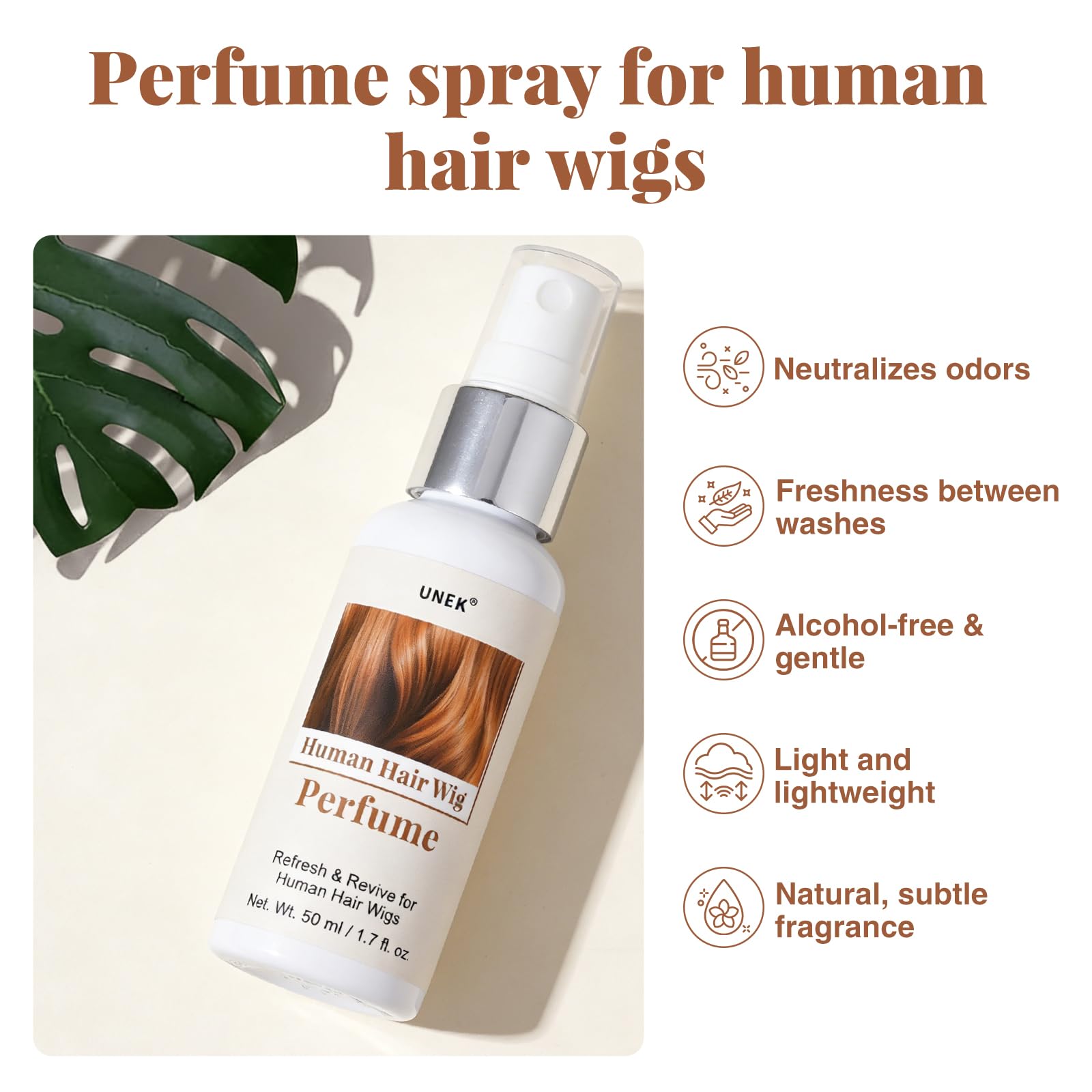 UNEK Parfum pour perruques au thé blanc – spray sans alcool, neutralise les odeurs, fraîcheur longue durée, parfum subtil pour perruques, extensions et postiches en cheveux naturels, 50 ml