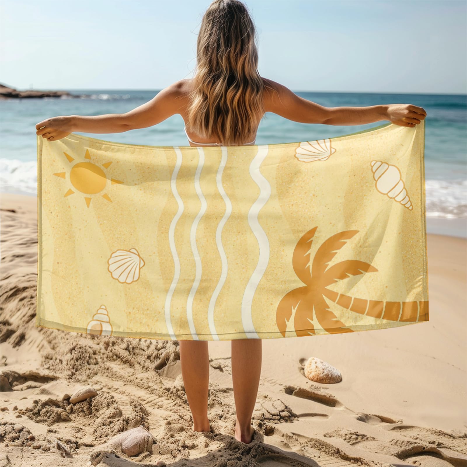 Tapis de Plage XXL Anti Sable Coquille Jaune d'arbre De Coco Serviette Piscine Adulte,Natte De Plage Pliable, Voyage Accessoires De Plage Camping,Serviette de Bain Personnalisée