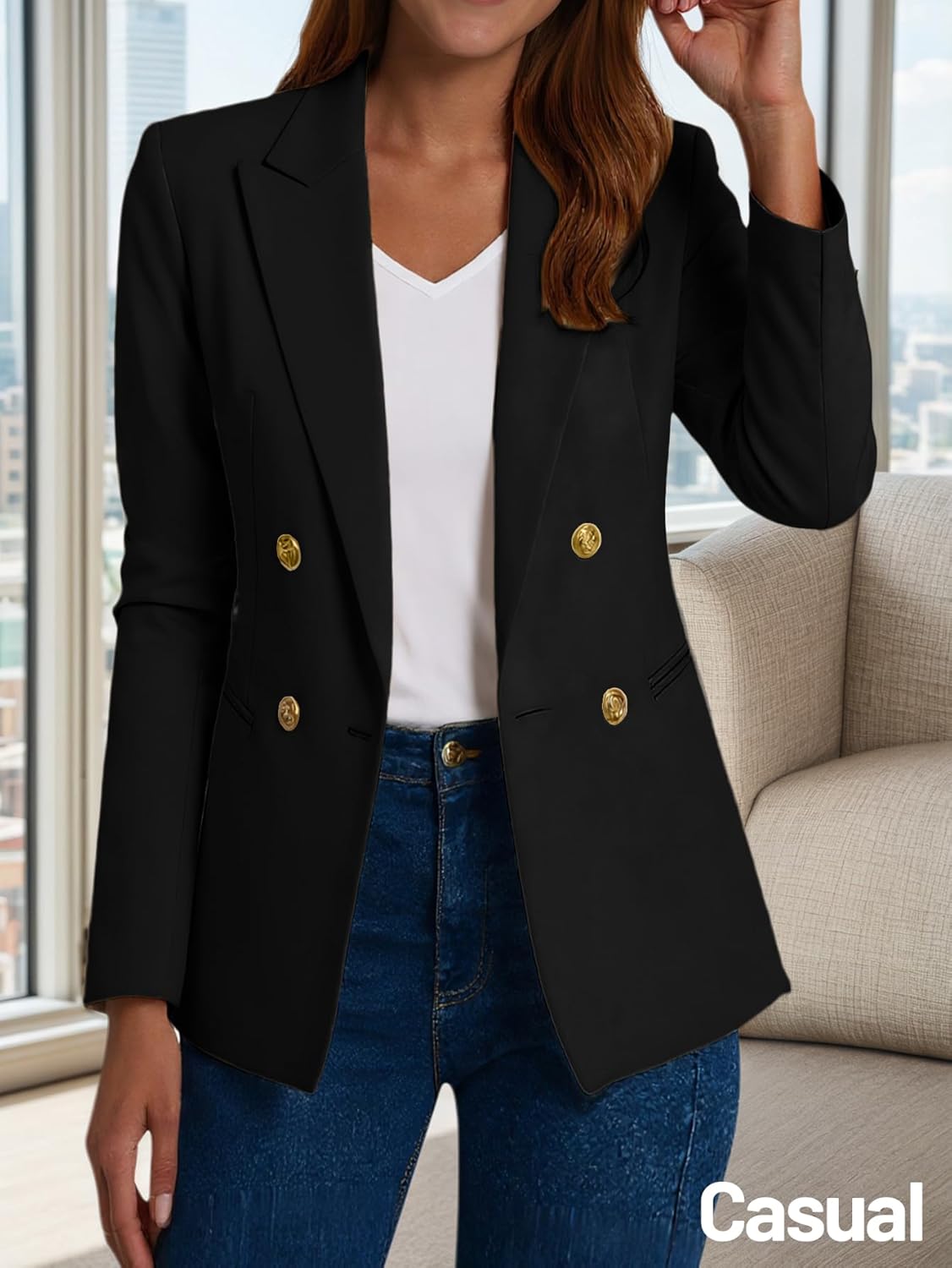 Mina Self 2025 Women’s Casual Blazer - Peaked Lapel Double Breasted Open Front Work Office Jackets with Pockets